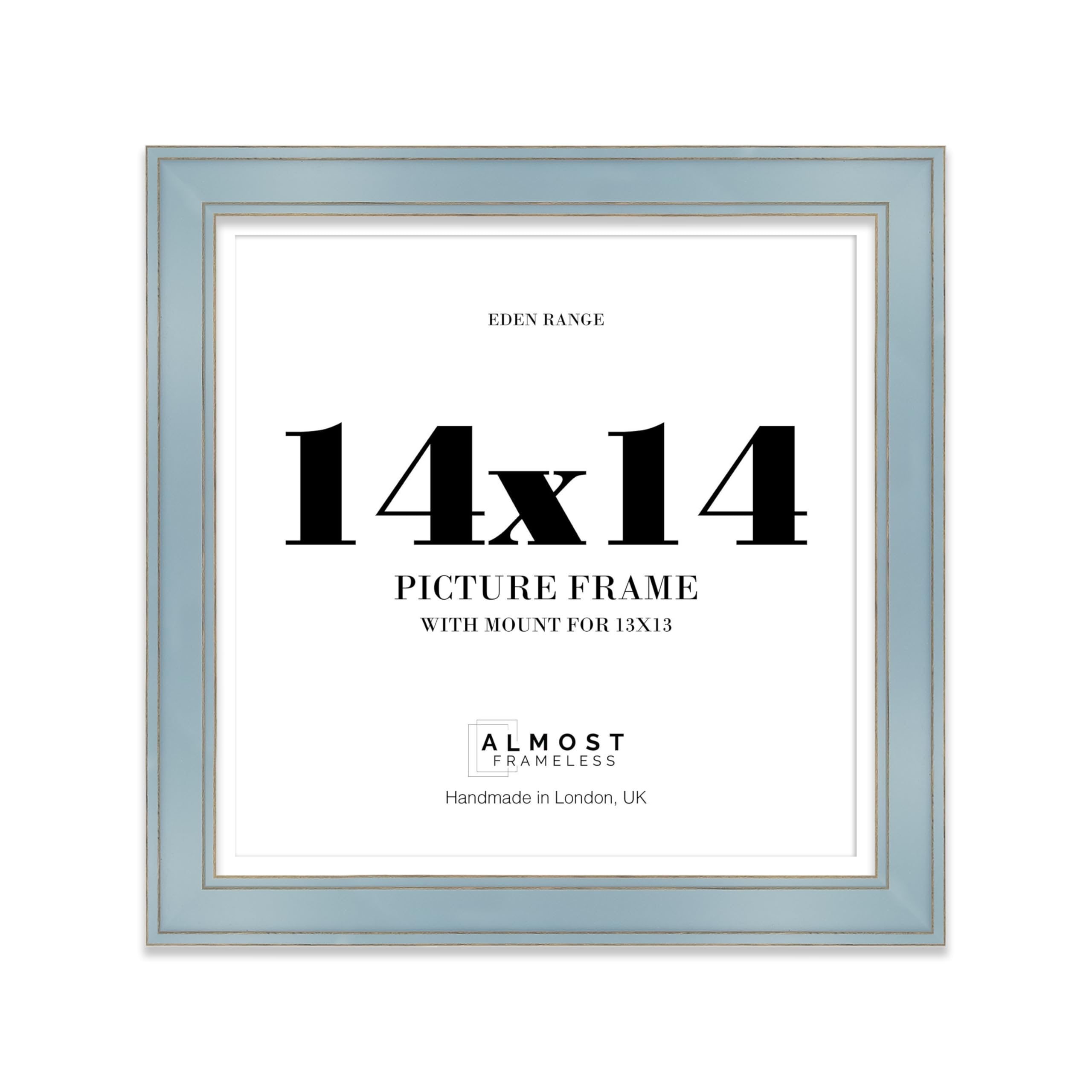 14x14 Sage Green Square Picture Frame with 13x13 Mount - Shabby Chic Photo Frame with Distressed Finish, Gold Trim, Wall Hooks, 37mm Edge - 1 Pack