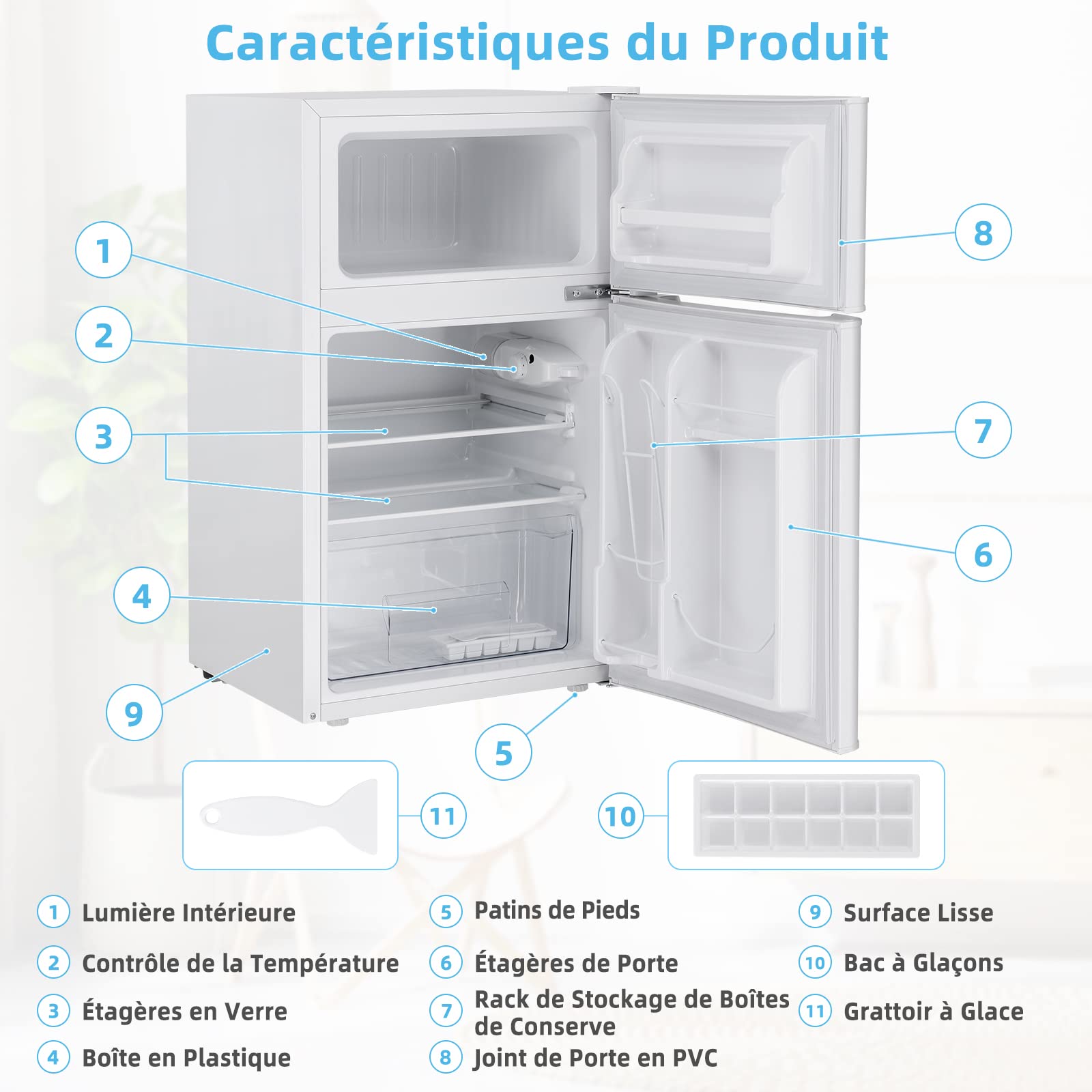 COSTWAY Réfrigérateur à Double Porte 90 L, Réfrigération Rapide, Économie d'énergie, Réfrigérateur en Métal avec 7 Niveaux de Température, 48,5 x 49,5 x 86 cm (Blanc)