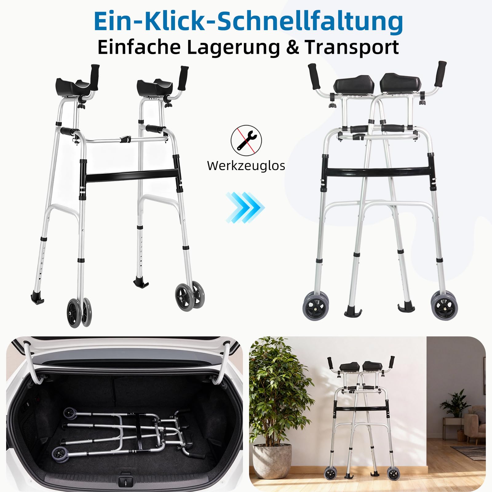 Höhenverstellbarer Gehwagen Gehhilfe für Senioren mit Armauflage - Aufrechter Rollator mit Doppelrollen, faltbar & leicht aus Aluminium,Gehhilfe mit Tasche, Height Adjustable Aluminum Walking Aids