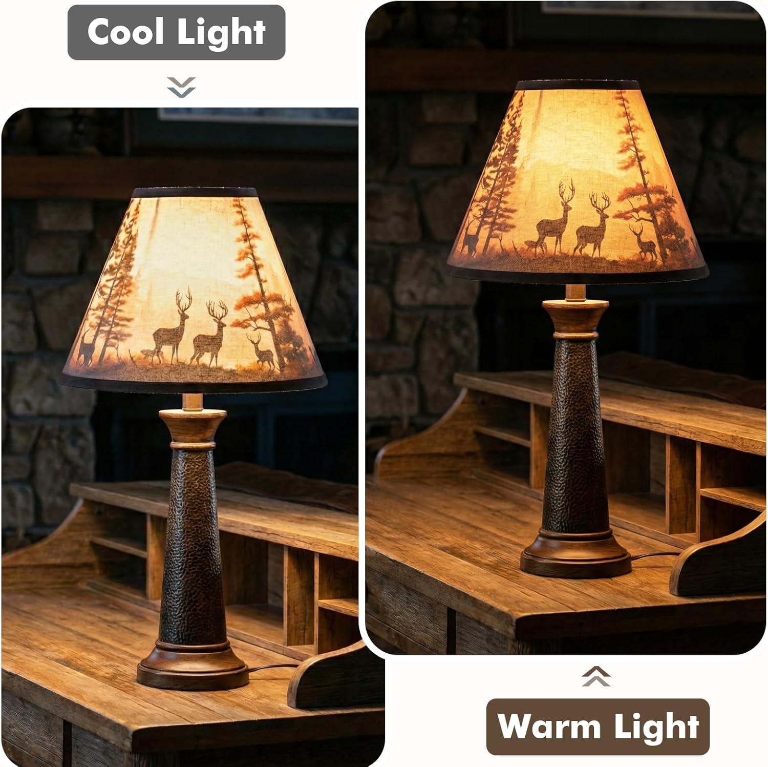 Rustic Deer Printed Empire Lamp Shades Set of 2, 6"x13"x10" Medium Brown Lampshades for Country Cabin Decor, Spider Fitter Lamp Shades Replacement for Table Lamps, Easy Assembly