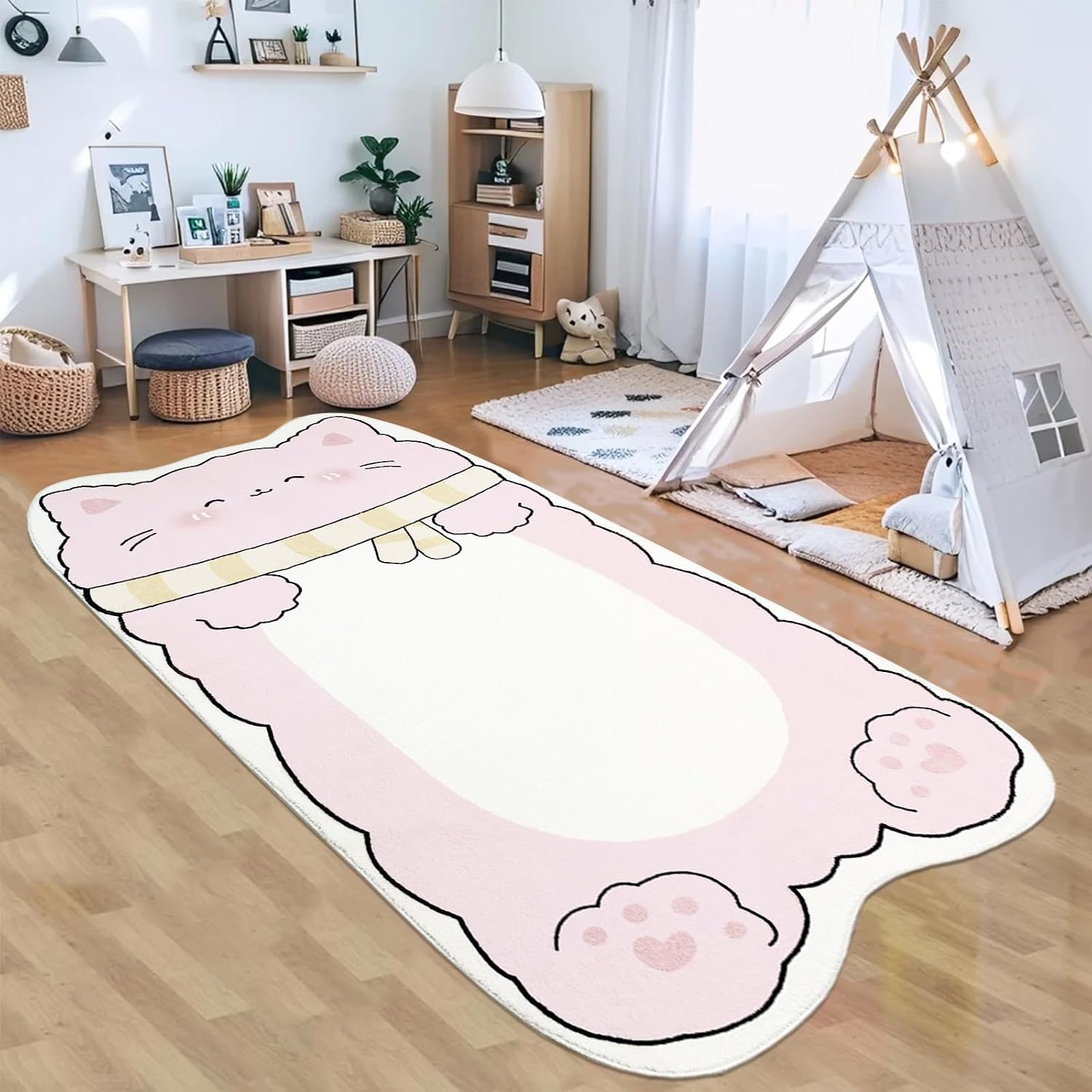 Pink Kids Cat Rug - 4x7Ft Animal Shape Bedroom Playroom Runner Carpet for Girls, Nonslip Cartoon Fluffy Playmat for Nursery & Kids Playroom, Children's Rugs, Indoor Decor
