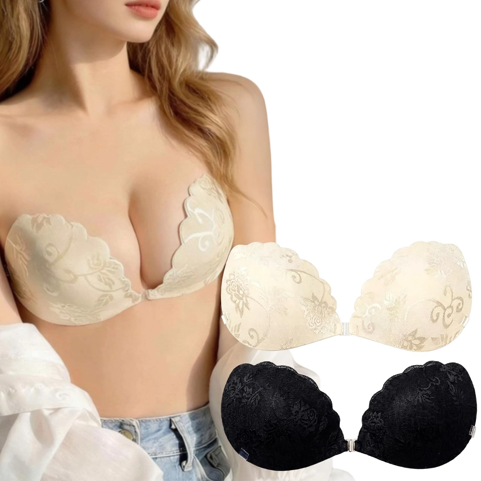 Funnaura Women's Beige 2 Pcs Stick On Push Up Bra, Adhesive Reusable Sticky Bra With Transparent Back Straps For