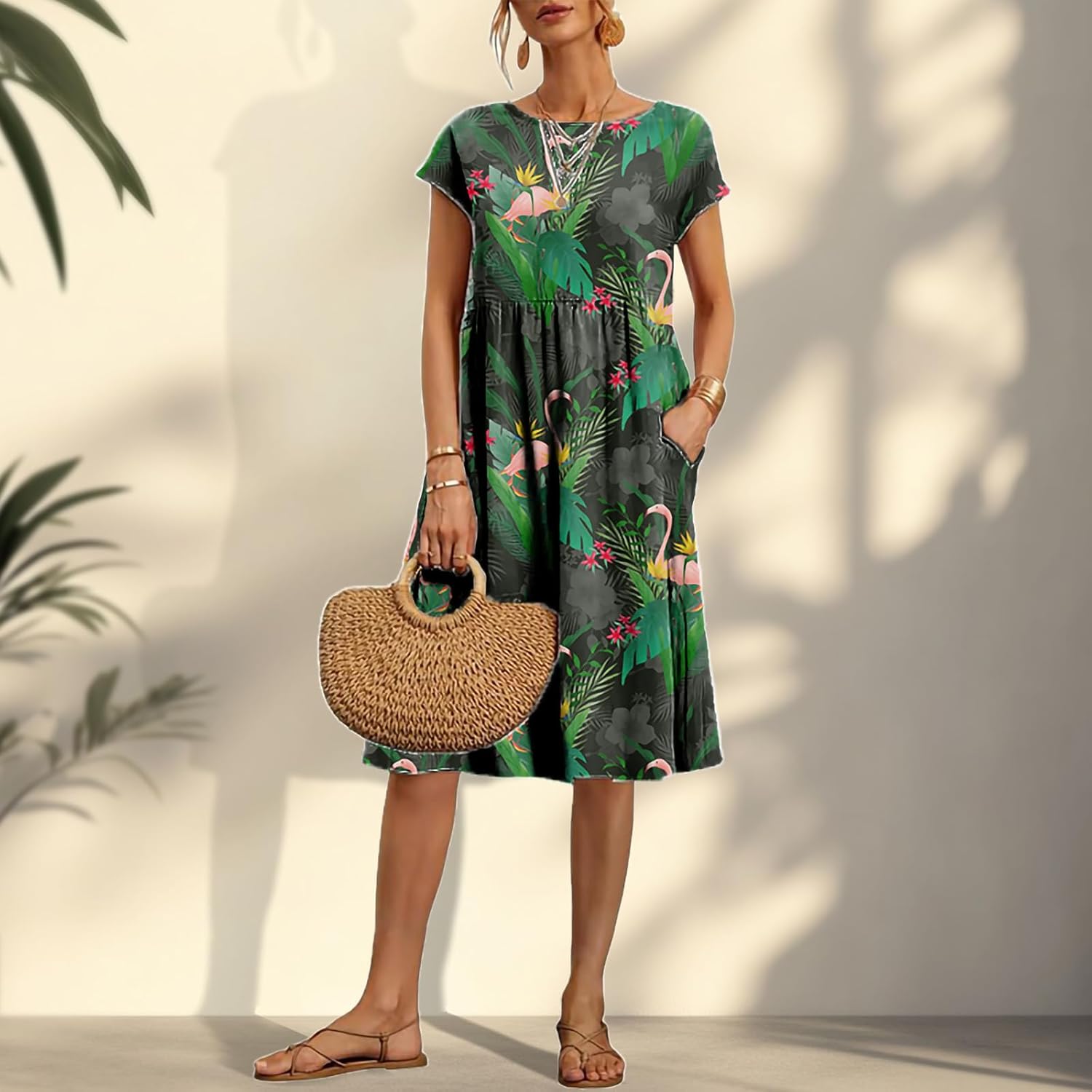 Vintage Boho Summer Dresses for Women Floral Graphic Knee Length High Waist Cap Sleeve Beach Outfits with Pockets - Image 2