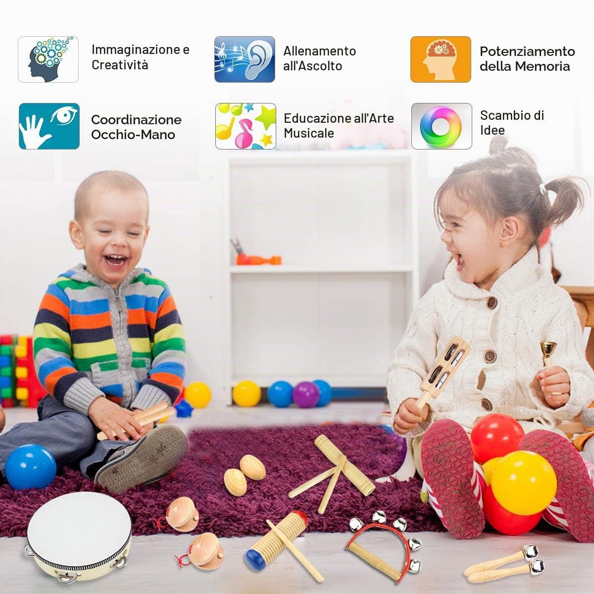Strumenti Musicali Bambini, ULIFEME 23 Pezzi Strumenti Musicali Legno, Giochi Musicali A Percussione Giocattolos per Bimbi, Set Ritmo di Percussioni Premium, Materiale 100% Legno Puro+ Borsa di Cotone