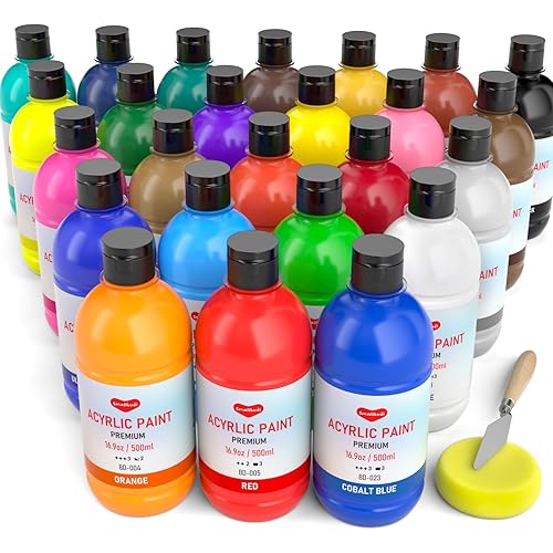 25 Colors Large Bulk Acrylic Paint Set (16.9 oz, 500 ml) Non Toxic Artist Acrylic Painting Supplies for Multi Surface Canvas, Wood, Fabric Leather Glass Paper Crafts, adults with Color Wheel
