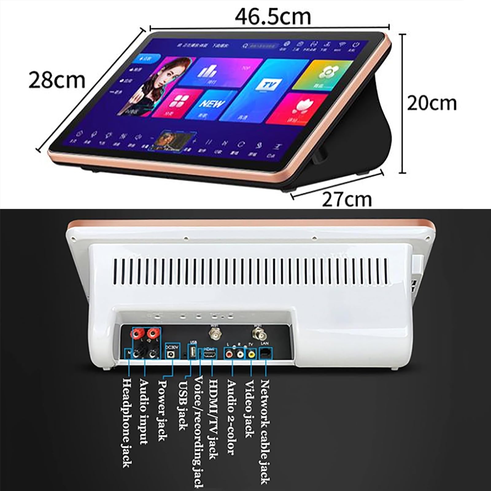 Macchina per karaoke portatile, schermo touch da 18,5 pollici, capacità di archiviazione: 2-6 TB, supporto per rete wireless WiFi e cablata. (Black 2T)