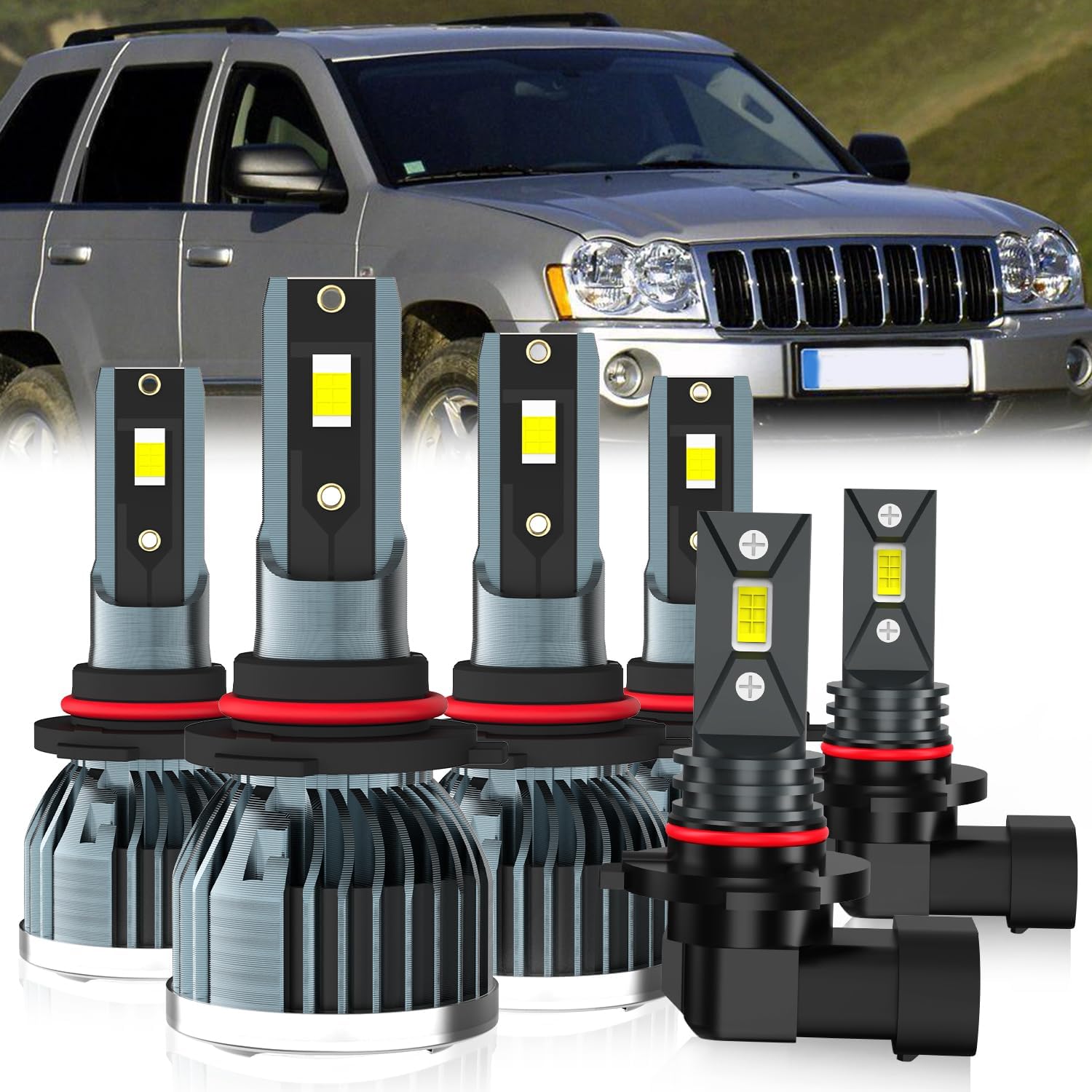 Fit For Jeep Grand Cherokee 2005-2010 Light Bulbs, 9005 High Beam + 9006 Low Beam + 9145 Fog Light Bulb, 6-Pack