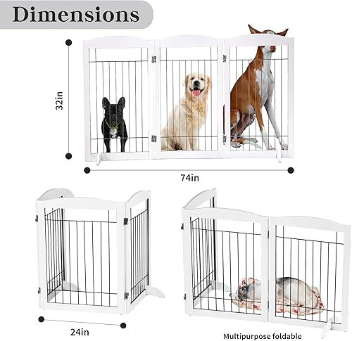 Miniatura 7 de PPMZU Puerta plegable independiente para perros para casa, extra ancha, 32 pulgadas de altura, puerta de madera para mascotas, 3 paneles, puerta de
