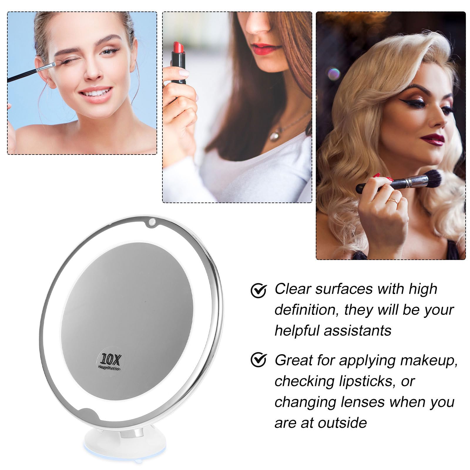 PRETYZOOM Espejo de Maquillaje Aumento 10x y Luz LED Giratorio 360 Grados Ventosa Abs y Vidrio para Tocador y Baño