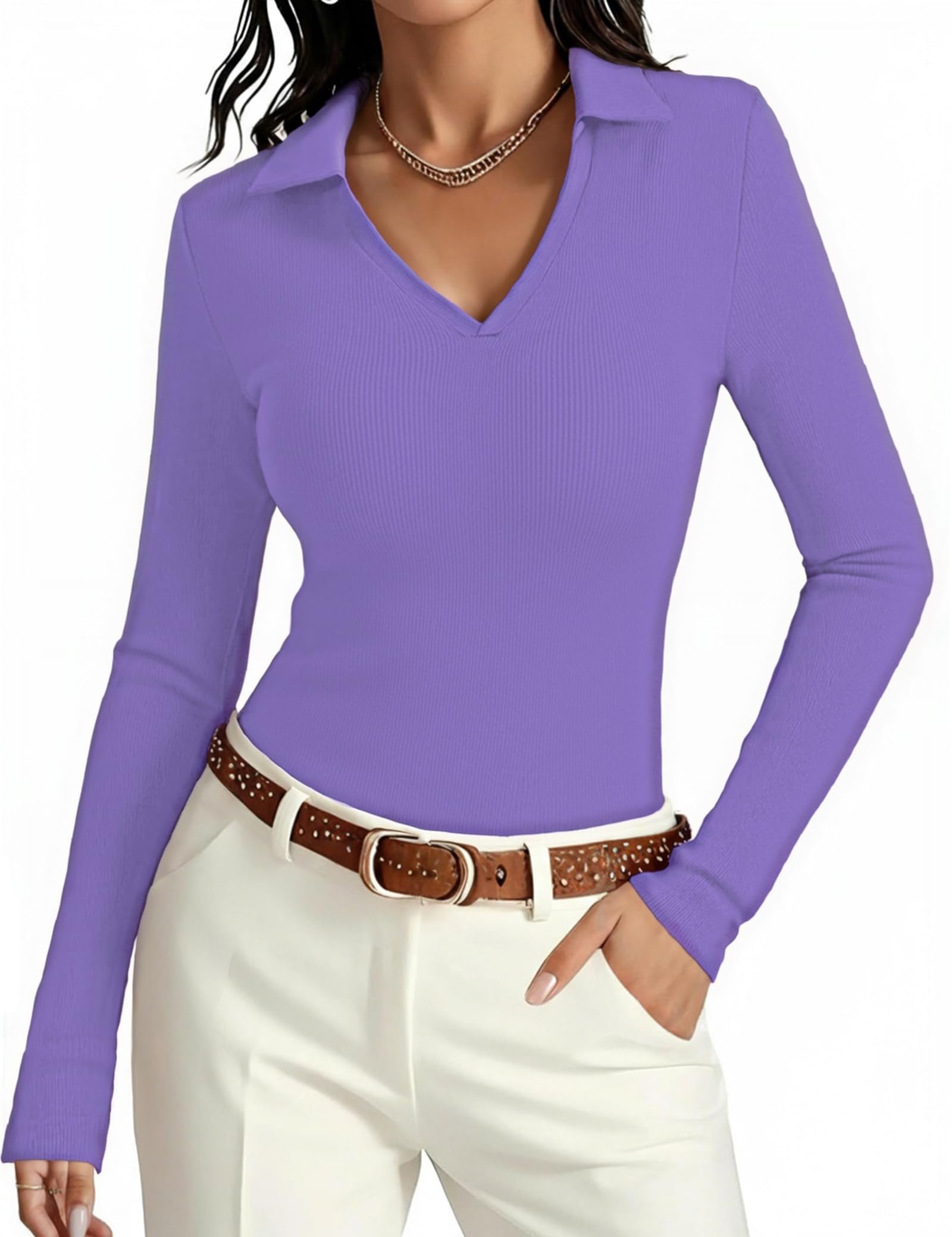 Aottori Damen Langarmshirt V-Ausschnitt Oberteile Gerippt Slim Fit Poloshirt Dünn Stretch Pullover Elegant Tee Shirts Langarm Casual Basic Tops Einfarbig