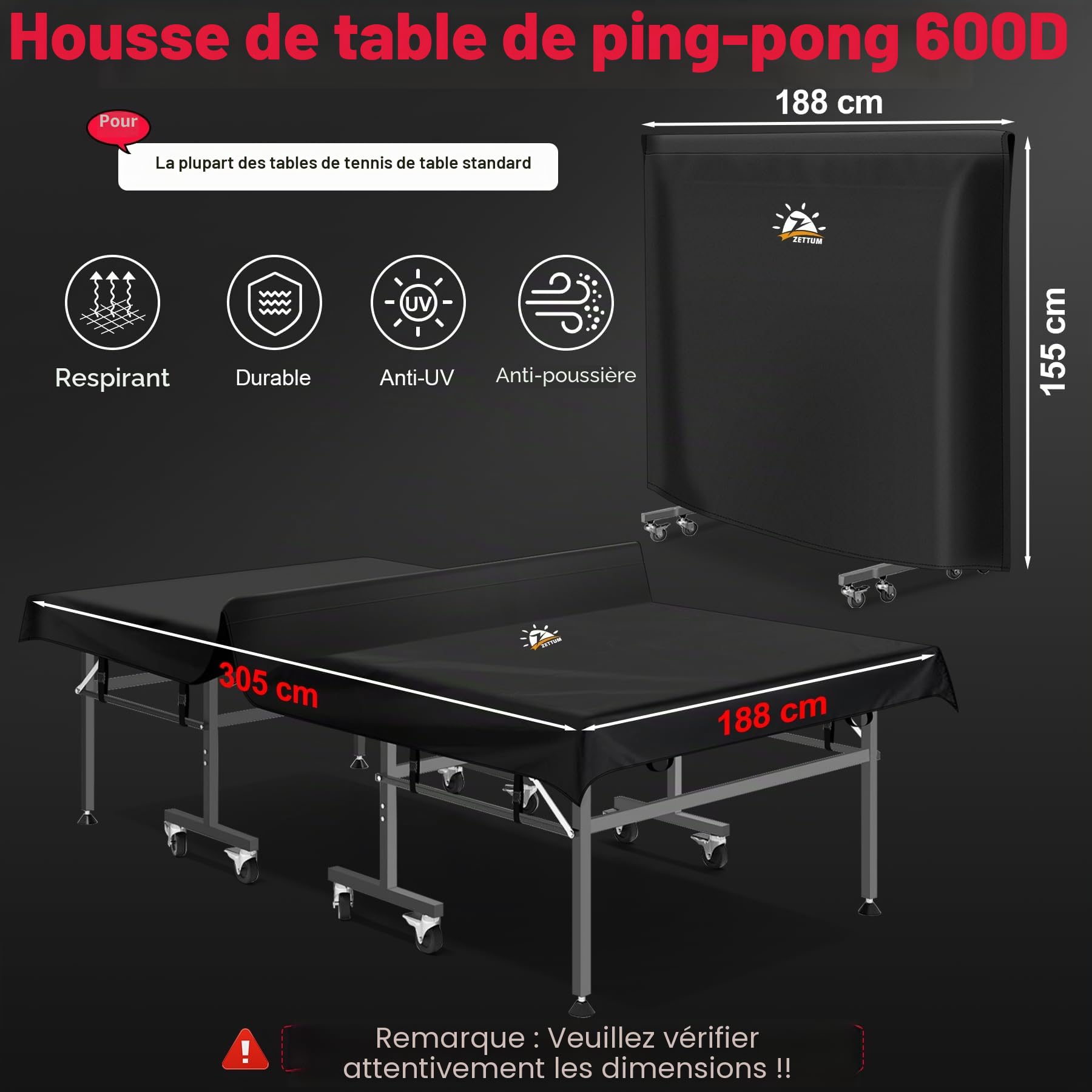 Zettum Housse Table Ping Pong Extérieure 188L x 155H CM 600D Oxford Anti-déchirure