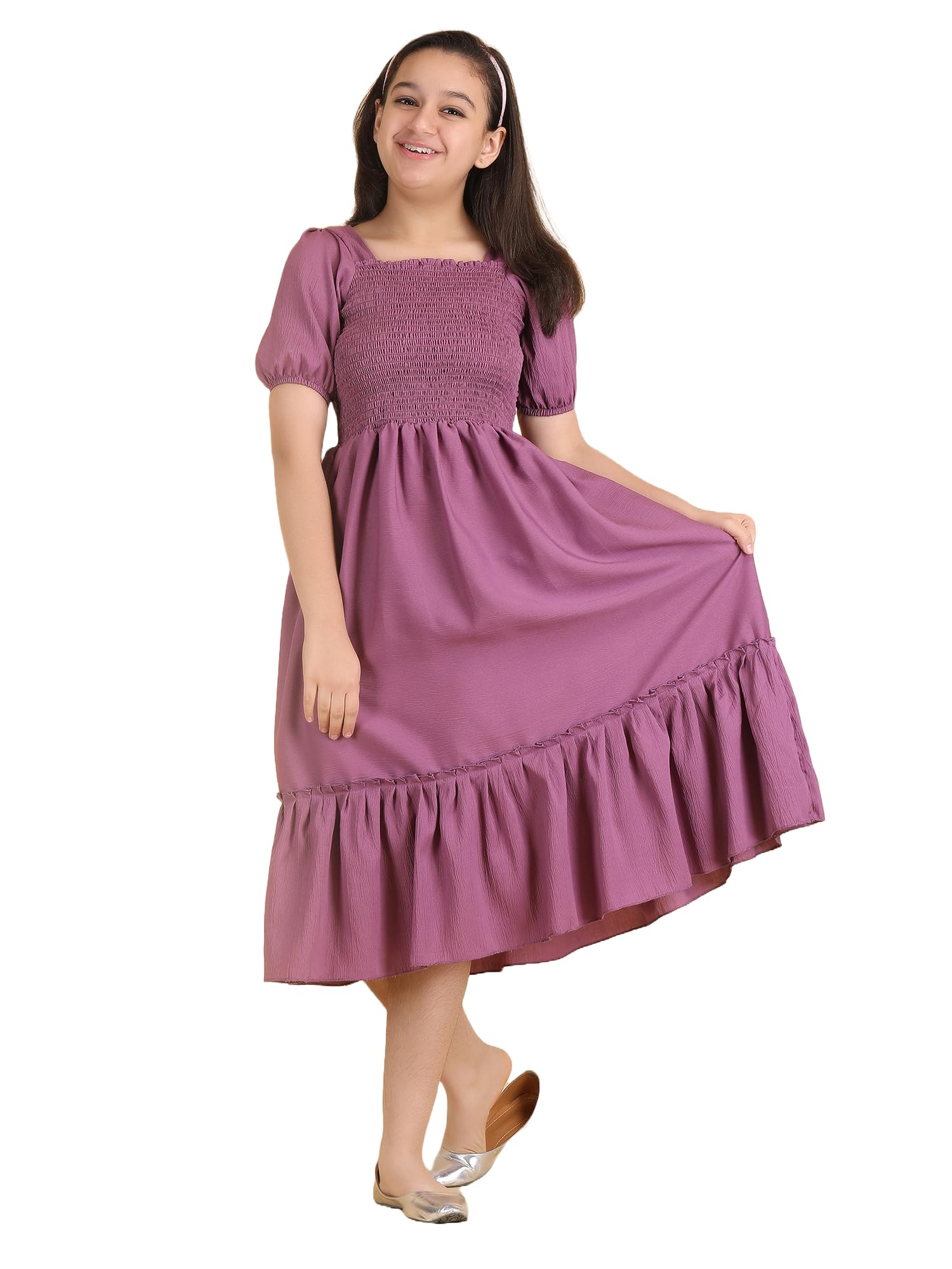 ROYALTAYLOR Polyester Blend Fit and Flare Short Puff Sleeve Square Neck Knee-Length 7-14Y Girls' Midi Dress (HZ-M4QW-YC2N)