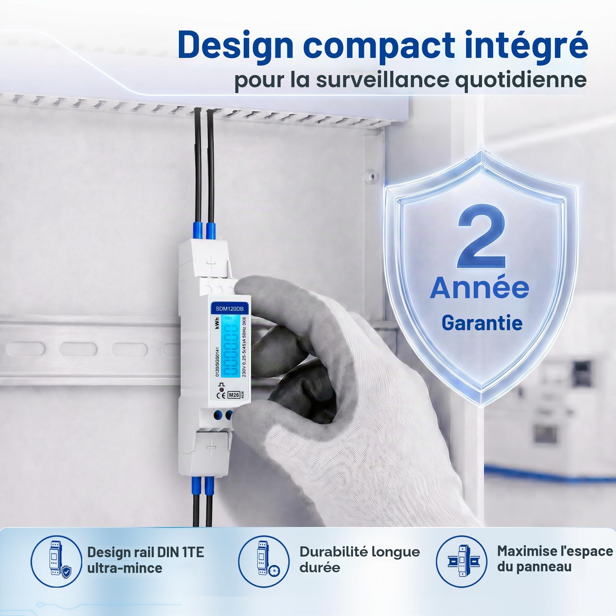 SDM120DB-MID Compteur d'électricité monophasé, sortie d'impulsion 1000imp, secteur 45A kWh, moniteur d'énergie sur rail DIN à faible coût, avec compteur d'impulsions, écran LCD rétroéclairé