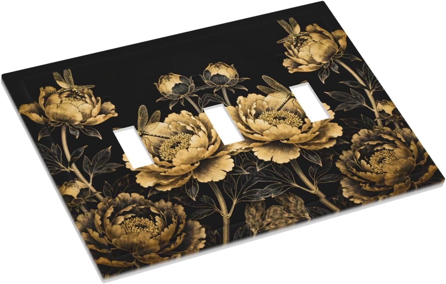 Decorative Light Switch Cover Plate Black Gold Peony Floral Flower Dragonfly 3 Gang Wall Plates for Electrical Outlets Triple Toggle Switch Plate Covers Outlet Covers Faceplate for Home Decor