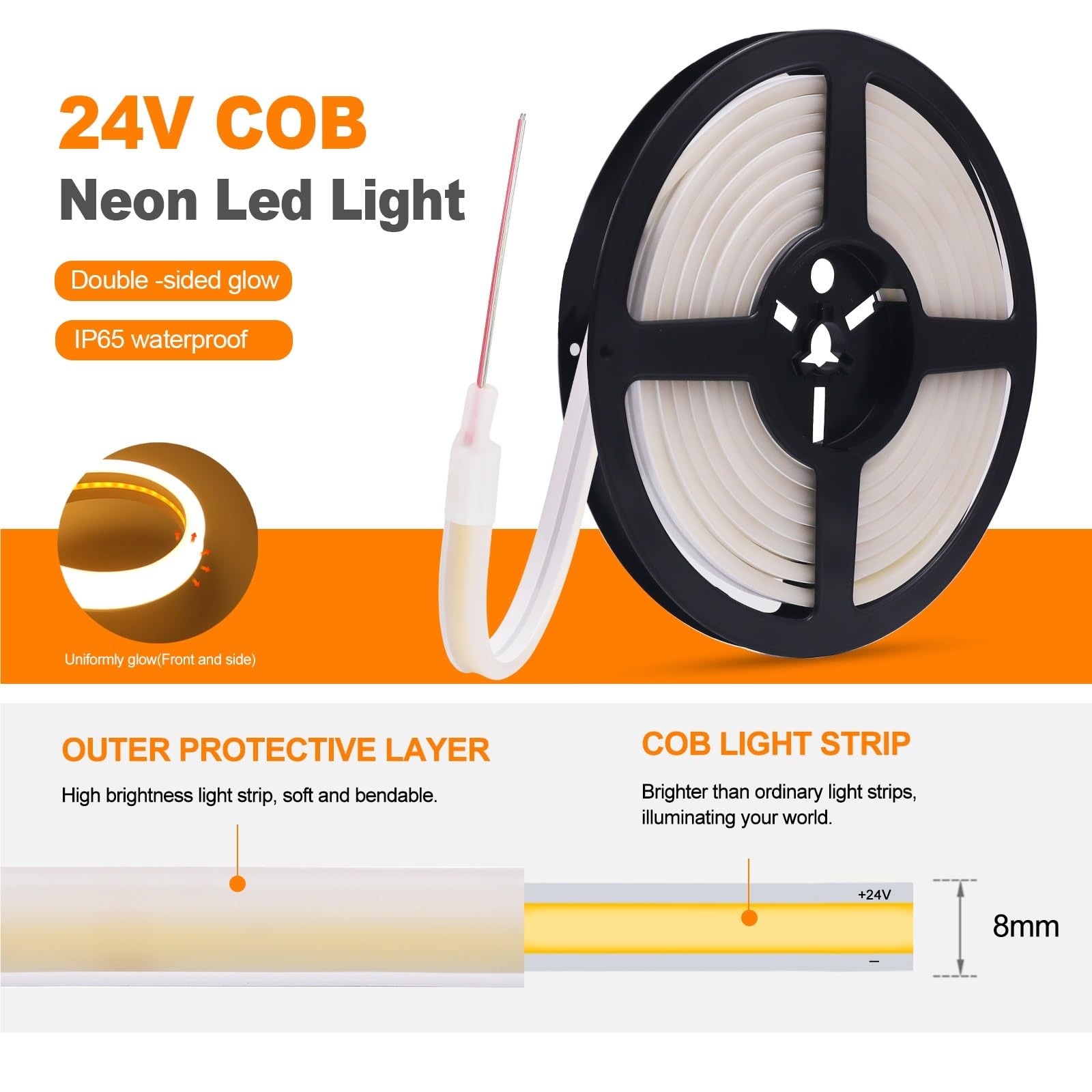 Neonowa taśma LED 0,5-20 m 12 V/24 V COB | 320 diod LED/M ultra jasna, wodoodporność IP67, 3000 K-6000 K, oświetlenie do ogrodu domowego (ciepła biel DC, DC 12 V 10 m)