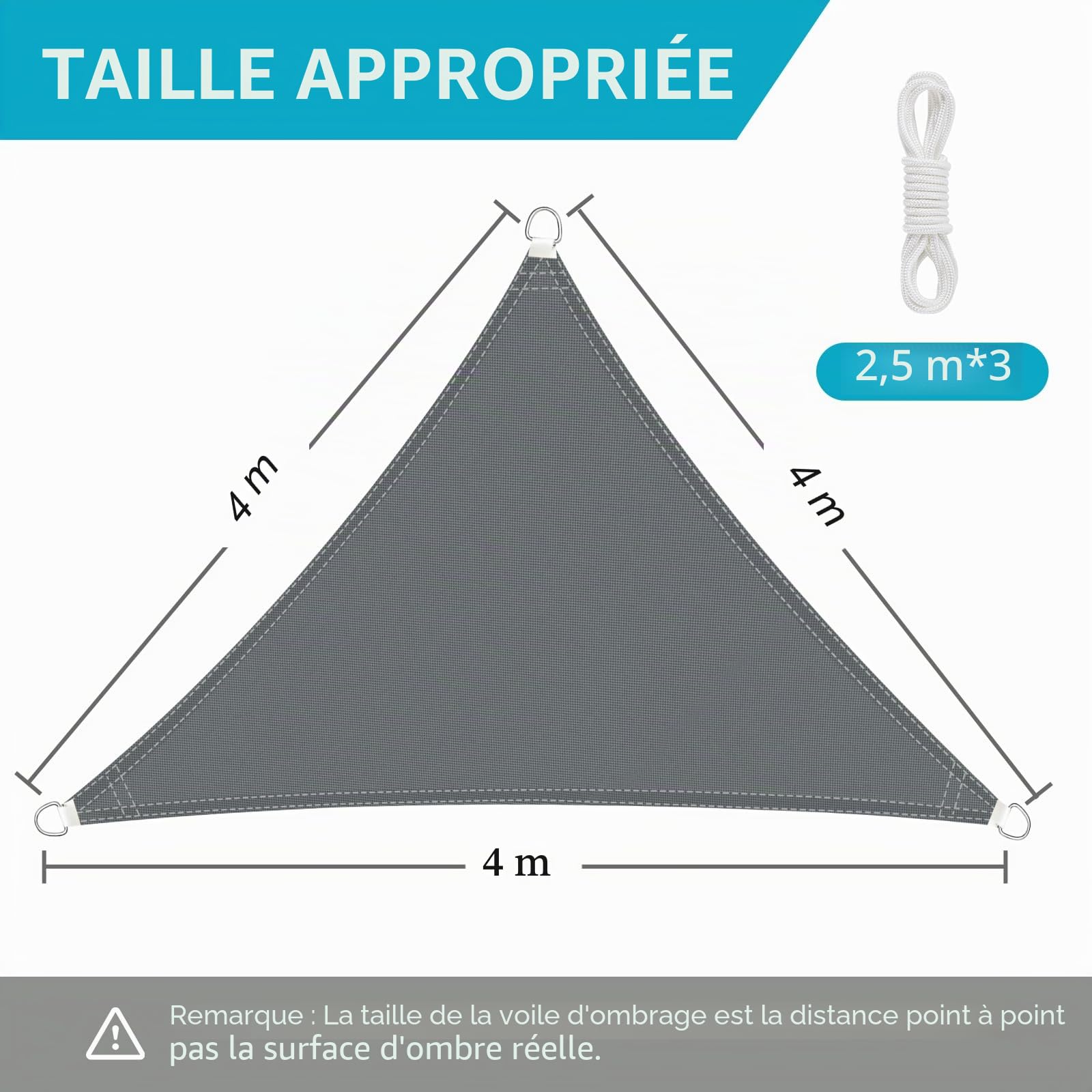Voile D'ombrage Triangulaire 4x4x4m Avec Kit Fixation, Toile Ombrage Triangulaire Imperméable, Protection Solaire Et Anti UV, Toile D'ombrage Sans Perçage Convient aux Terrasse,Jardins et Serres（Gris）