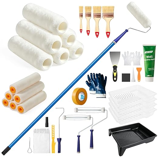 Paint Roller Kit with Long Paint Roller Extension Pole, 37 PCS Wall Painting Supplies with Paint Brushes for Walls, Superabsorbent 9-Inch & 4-Inch Paint Roller Covers, Wall Repair Paste