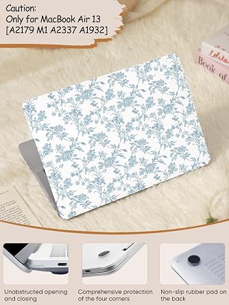 Seorsok Compatible with MacBook Air 13 Inch Case 2022 2021 2020-2018 Release A1932 A2179 M1 A2337 Touch ID,Elegant Sage Blue Flower Plastic Hard Shell Case with Keyboard Cover,Blooming Floral