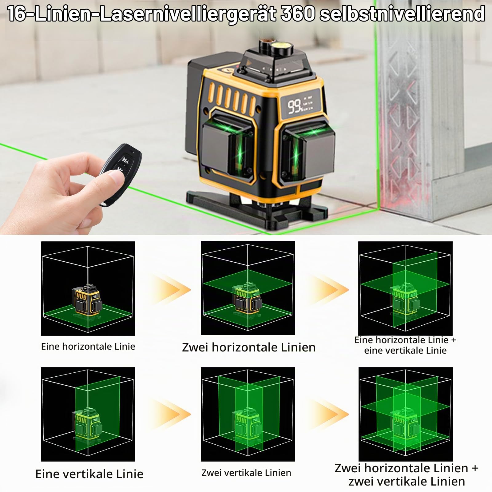 Kreuzlinienlaser Grün 16 Linien,4 x 360 °Laser Wasserwaage Selbstnivellierend,Nivellierlaser mit LED Digitalanzeige,360 grad laser für Konstruktion und Ausrichtun 2 Akkuse,Einstellbare Helligkei