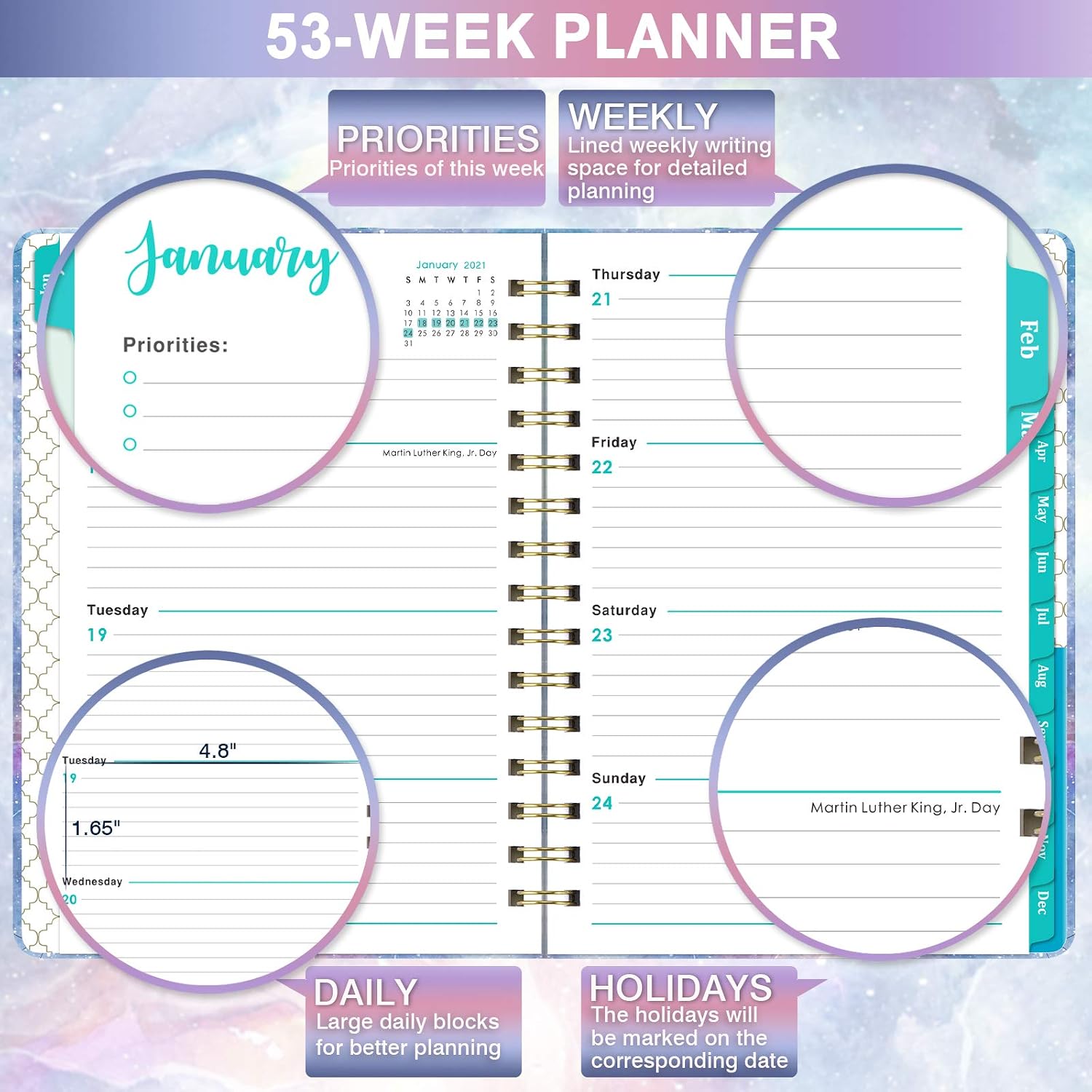 2021 Planner - 2021 Weekly & Monthly Planner with Hard Cover, 6.4'' x 8.5'', Jan 2021 - Dec 2021, Inner Pocket, Elastic Closure, 12 Monthly Tabs, Strong Twin-Wire Binding