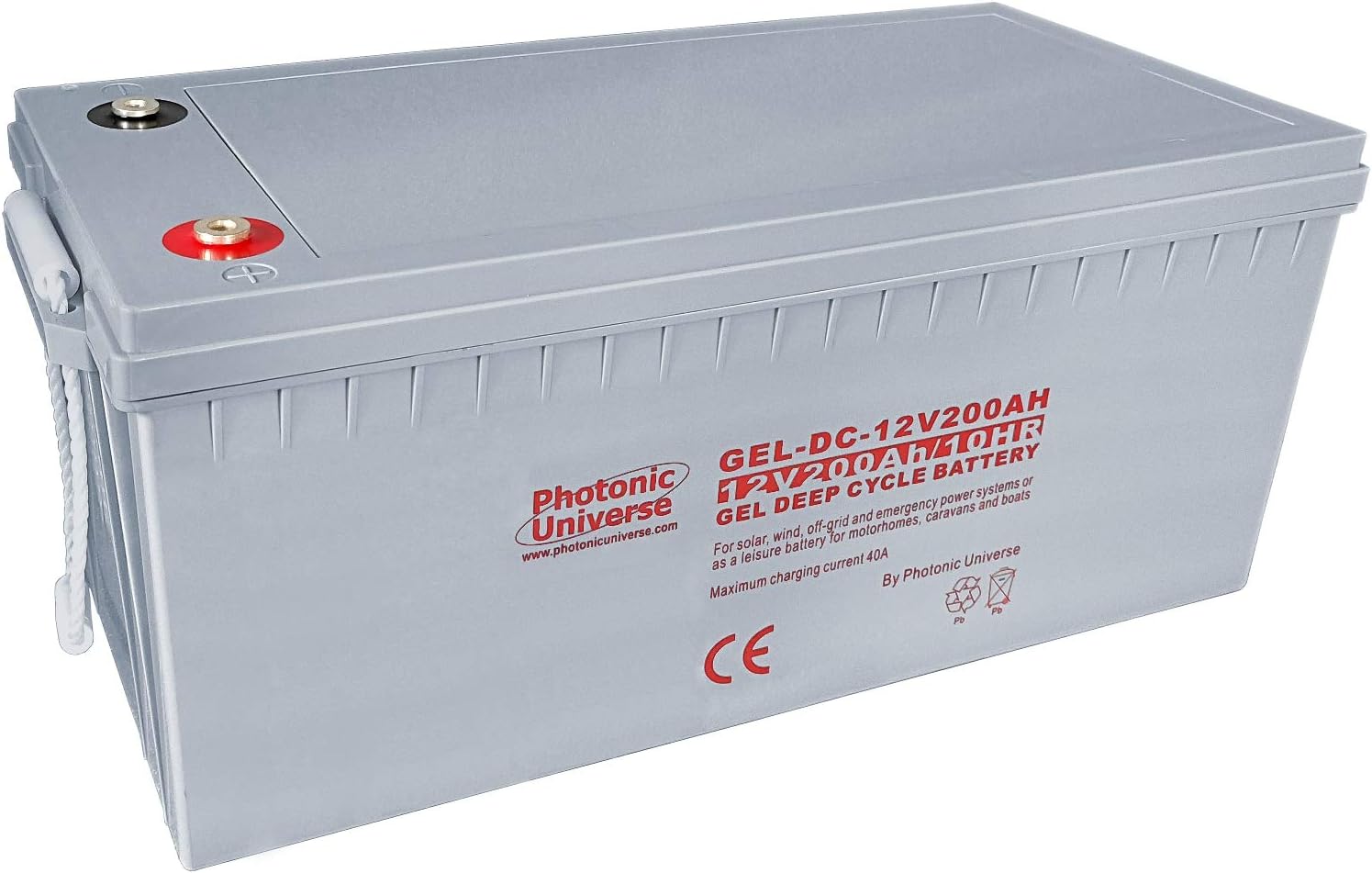 200Ah 12V Photonic Universe Gel deep cycle battery for a motorhome, caravan, camper, boat, yacht, solar or wind power system, UPS, emergency and off-grid/back up power systems