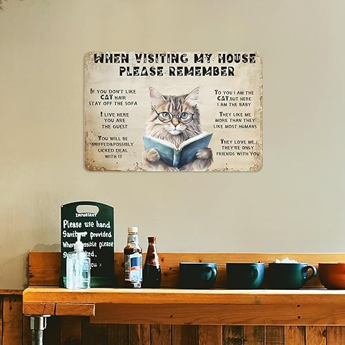 Miniatura 5 de Cartel de metal divertido con reglas de gato, letrero de metal de gato, texto en inglés When Visiting My House Please Remememe, decoración de pared,