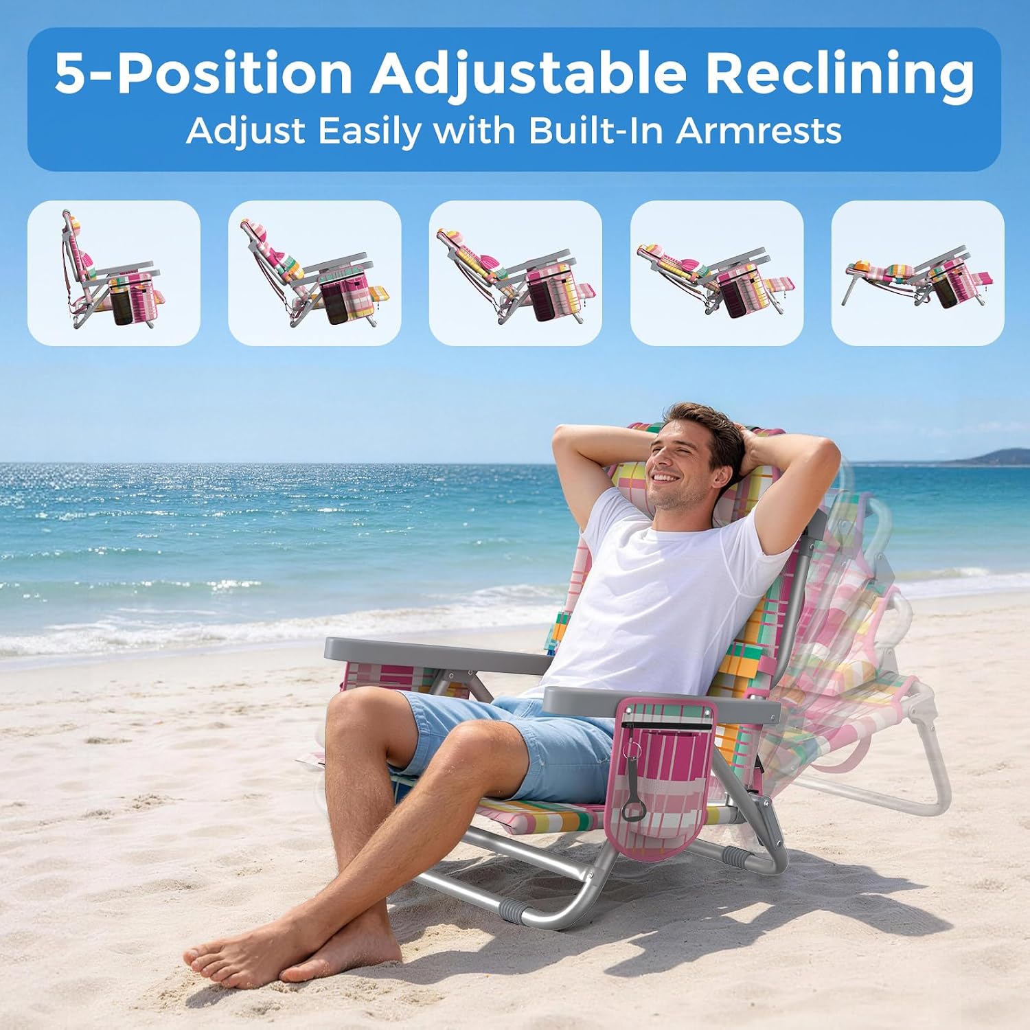 5-Position Backpack Beach Chair for Adults with Lumbar, Foldable Tall Heavy-Duty Beach Chairs with Cooler Bag,Cup Holder,Towel Rack for Beach, Camping, Outdoor