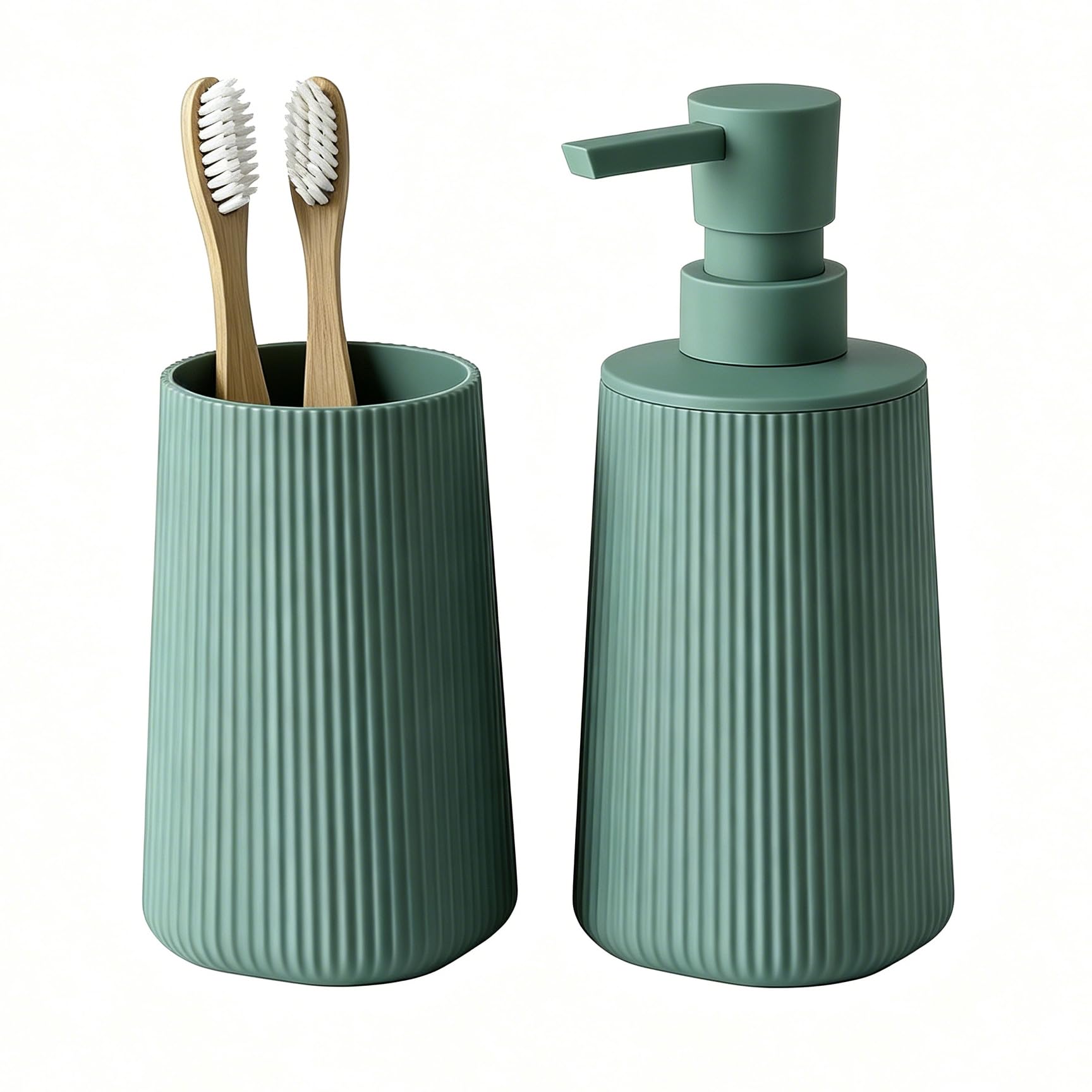 GAHEFY - Juego de 2 piezas para el baño, con dispensador de jabón de 250 ml y vaso para cepillos de dientes, diseño moderno con ranuras de ABS, para lavabo y repisa del baño (verde)