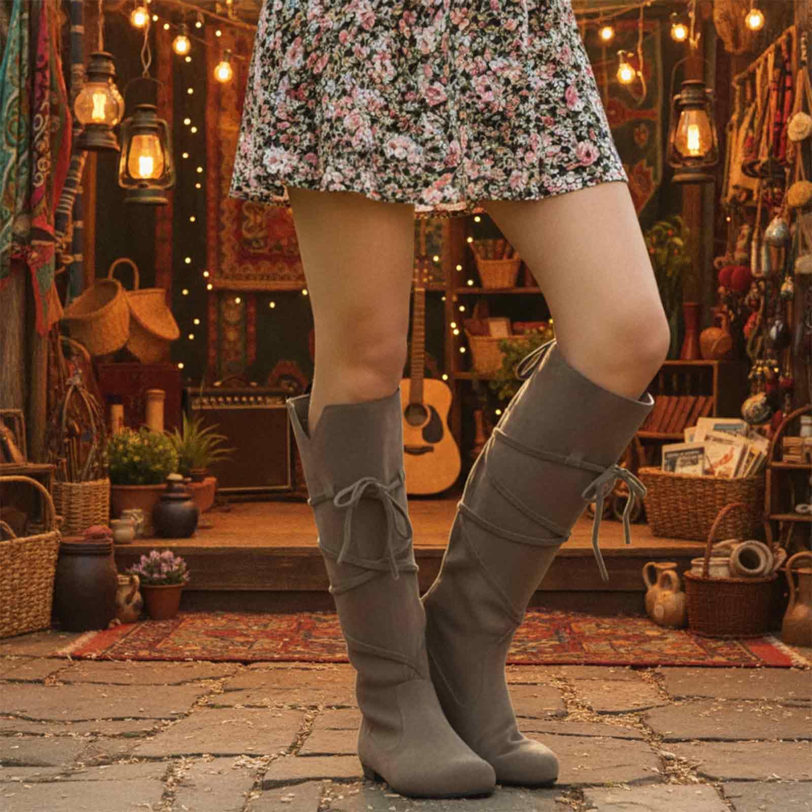 Botines medievales de ante para hombre y mujer, hasta la rodilla, planas