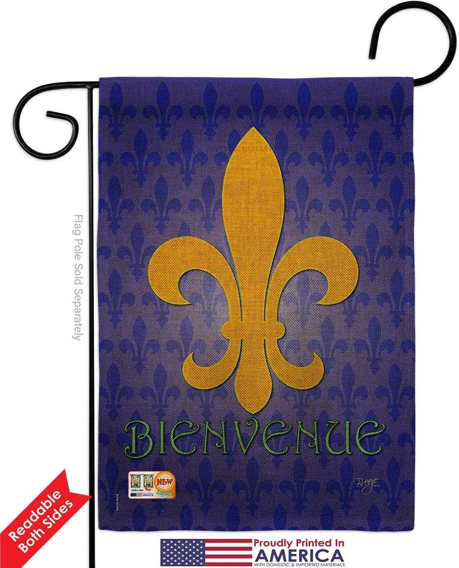 Bienvenue Burlap Garden Flag Set Wall Hanger Country Living Fleur De Lys Vintage Flower Lily Lis French Party Mardi Small Decorative Gift Yard House Banner Double-Sided Made In USA 13 X 18.5