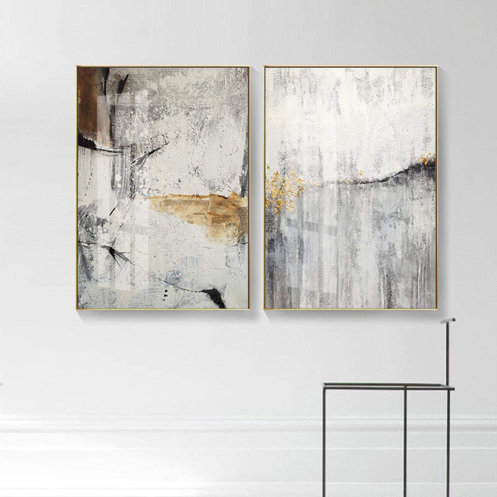 Arte de pared neutral Pósteres de lienzo Impresiones de mármol gris Línea dorada abstracta Cuadros de pintura de ágata para decoración de sala de estar 60x80cm (24x31in) x2 Con marco