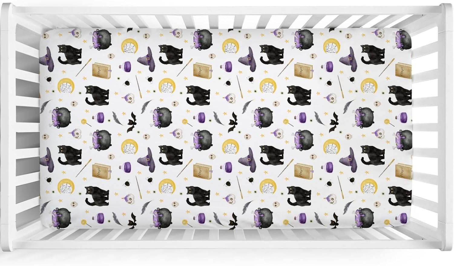 Cute Spooky Witch Cats Bats Skulls Moon Baby Crib Sheet 52''x28'' Happy Halloween Holiday Stretchy Fitted Crib Mattress Cover for Boy Girl Soft Baby Bed Sheets for Standard Crib and Toddler Mattress
