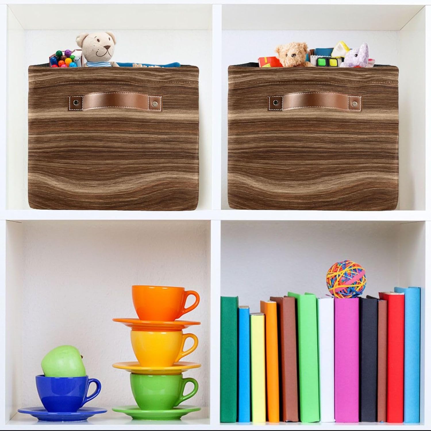 OTVEE Canvas Bins for Closet Shelves Organizing Brown Wooden Texture Print Storage Basket Baby Clothes Organizers Storage Box Nursery Bins Gift Baskets 2 Pack