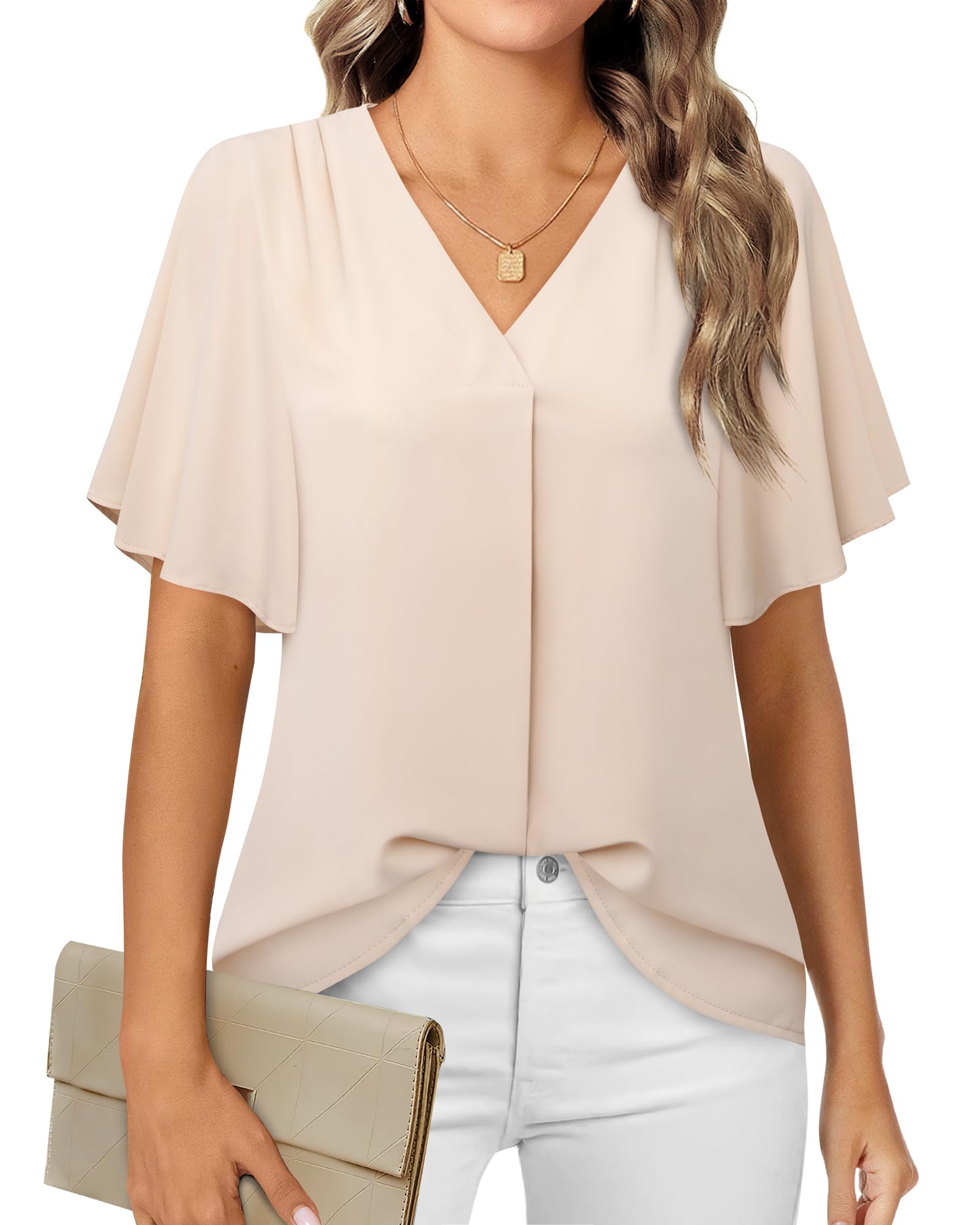 Women's V Neck Chiffon Blouse Ruffle Sleeve Ladies Work Shirts