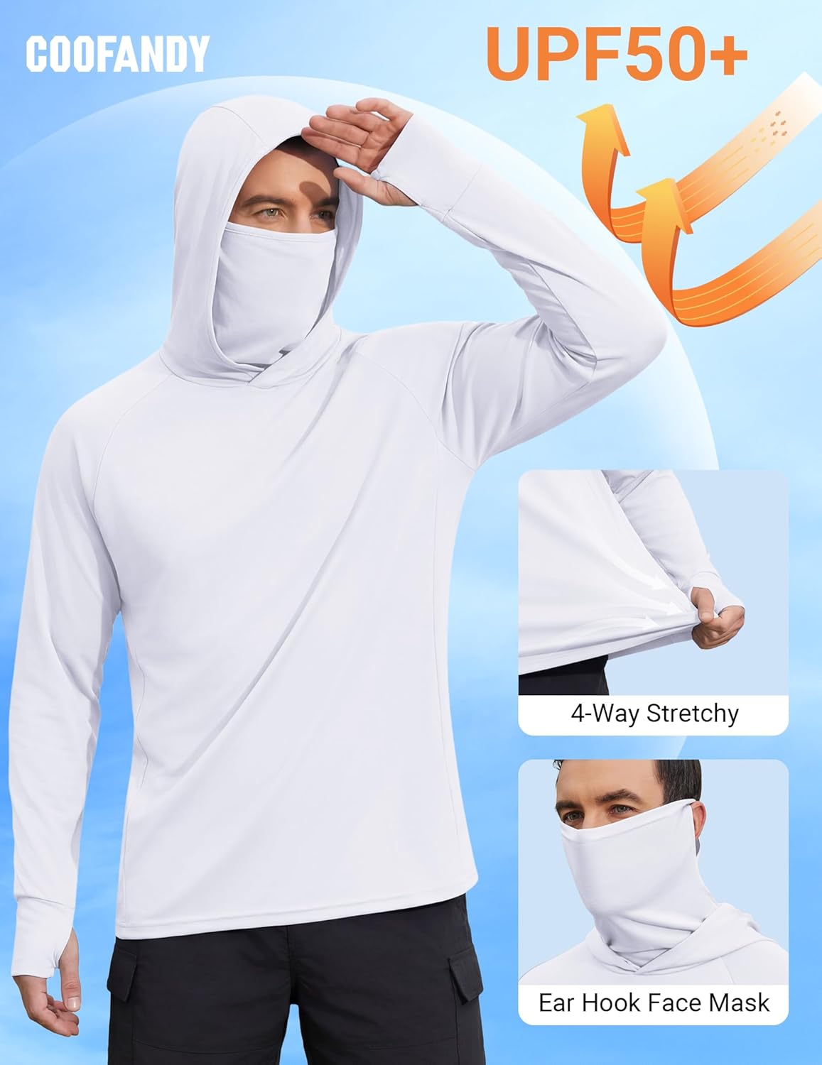 COOFANDY Mens UPF 50+ Sun Protection Hoodie with Mask Lightweight Long Sleeve SPF Fishing Shirts UV Hiking Running Rash Guard - Image 4