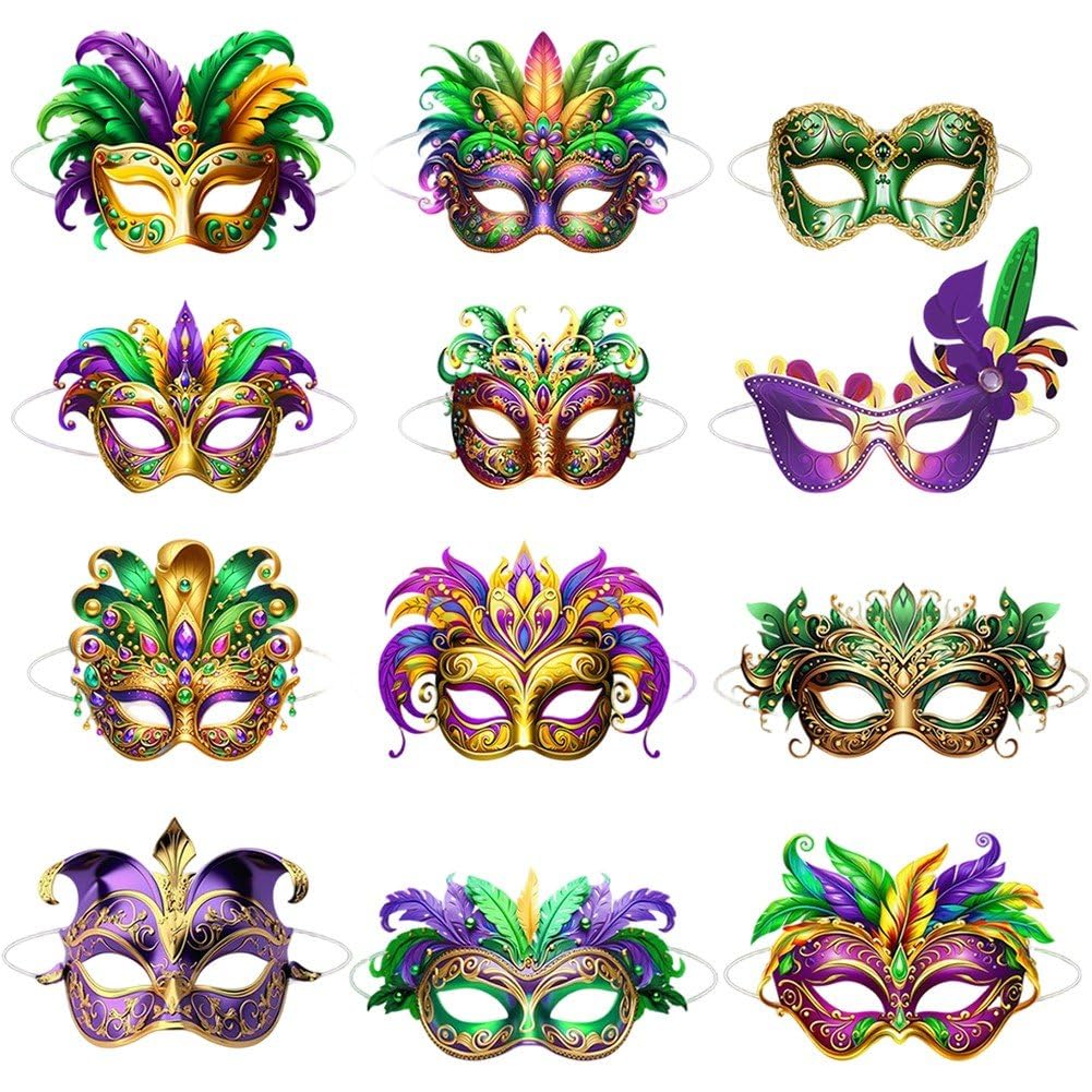 Vobumix 12pcs Mardi Gras Masks, Half Face Mardi Gras Masquerade Mask Venetian Masks, Carnival Party Masks for Brazilian Carnival Ball