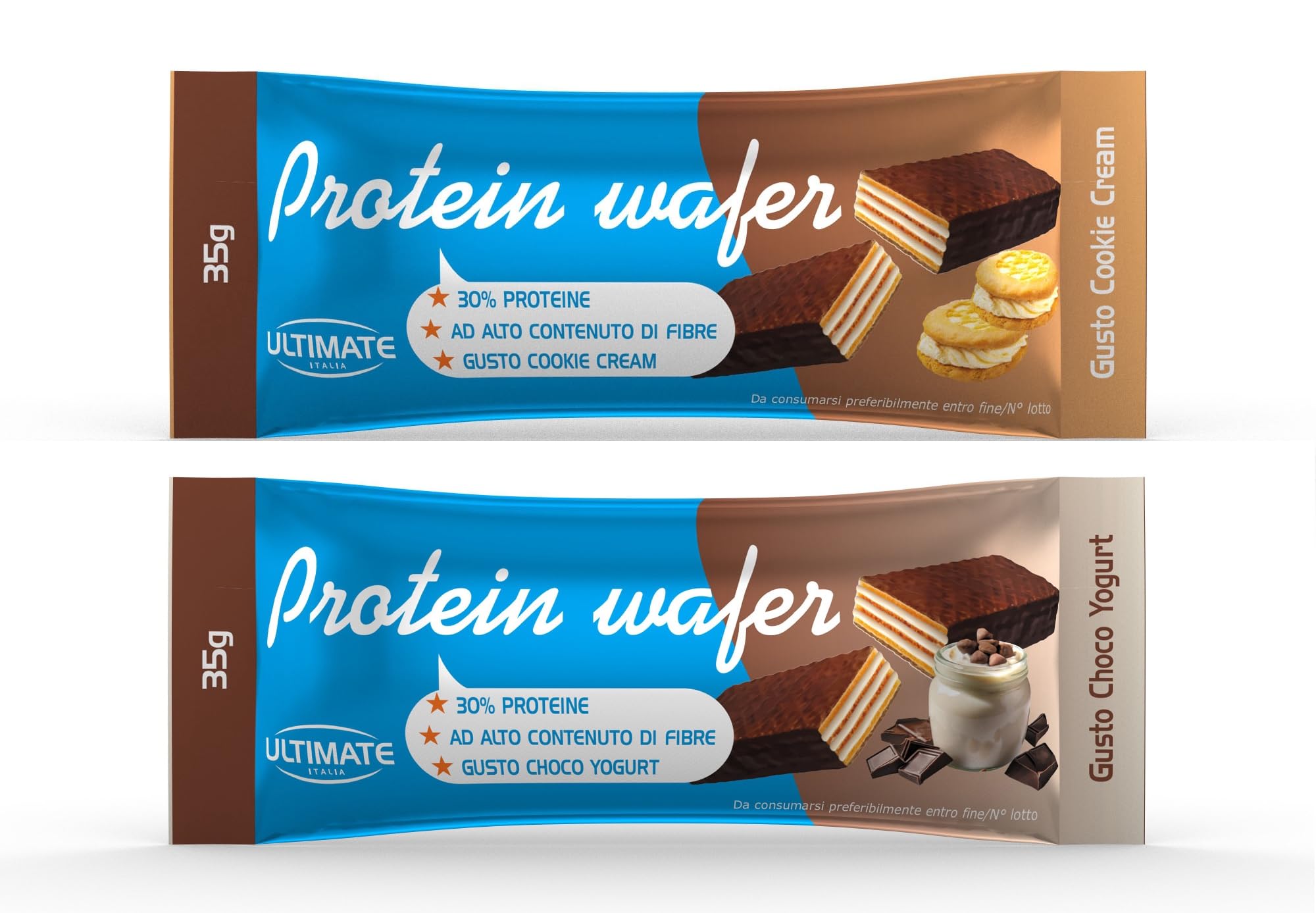 Ultimate-Italia | Protein Wafer da 35gr con 30% di Proteine | Box da 24 snack gusti Choco Yogurt, Cookie Cream