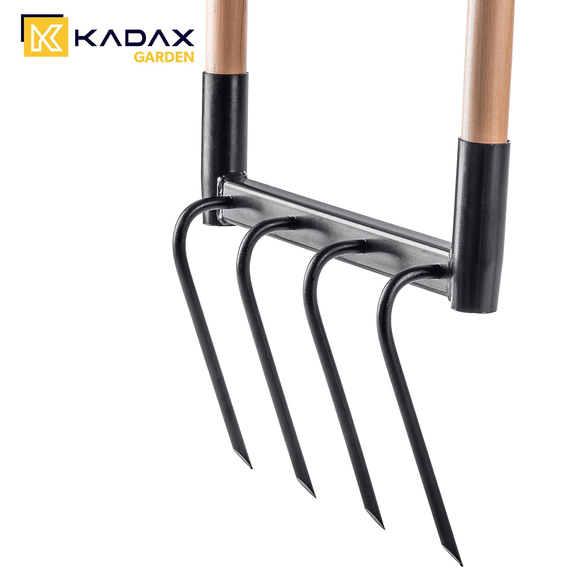 KADAX Fourche de jardin avec 4 dents et longues poignées en bois, fourche à creuser pour ameublir le sol et le jardinage, fourche large pour aérer les sols (49,5 x 134 cm)