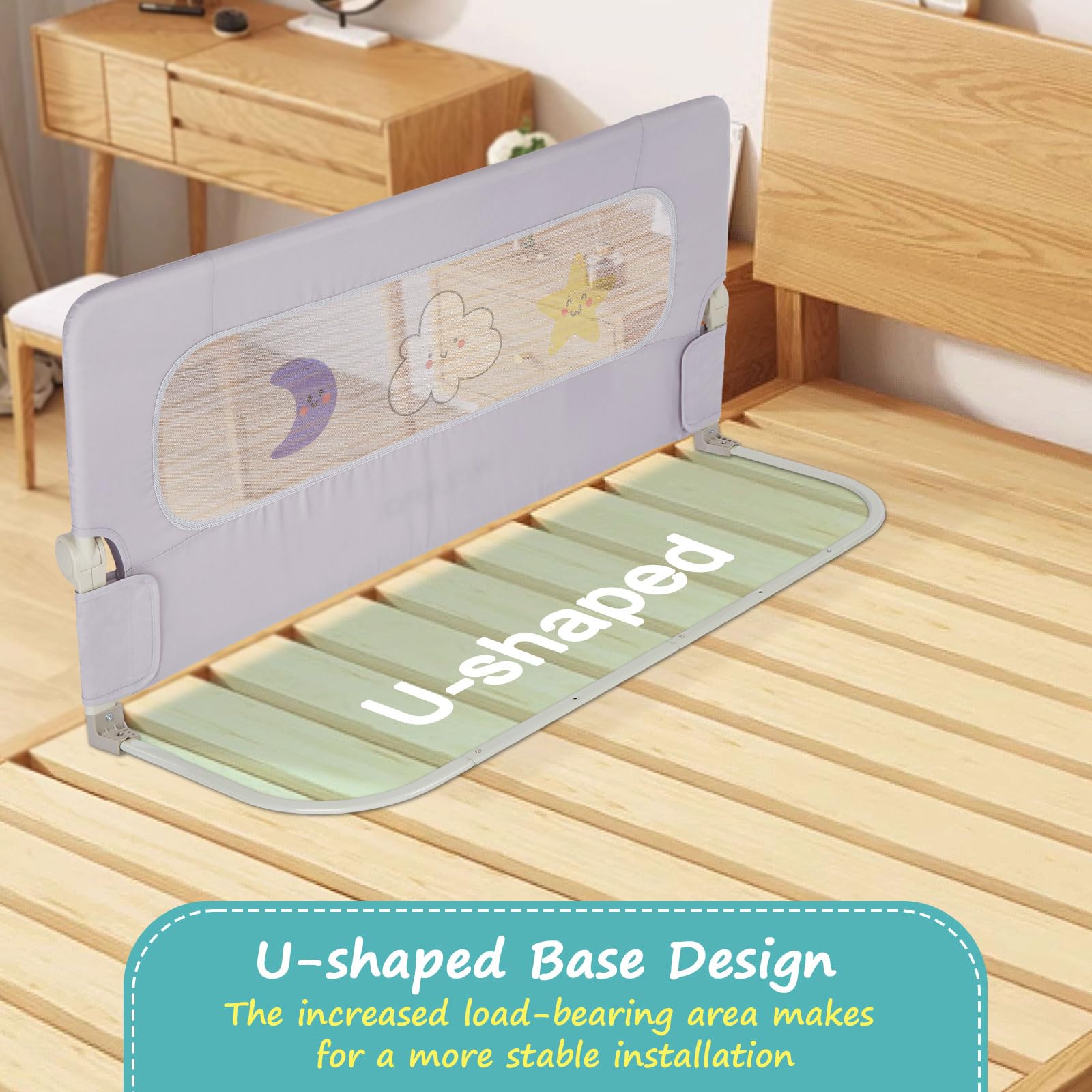 welspo Bettgitter Bettschutzgitter mit Kindermotiven, Rausfallschutz | für Kinderbett, Grau