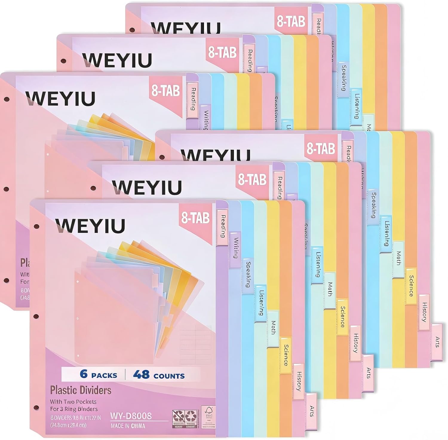 8-Tabs Binder Dividers with Pockets, Plastic Index Dividers for US Letter Size in 0.5'', 1'', 2'', 3 inch Binders, Multicolor Tabs for Easy File Organization, School Office Supplies 8 Colors (12 Pack)