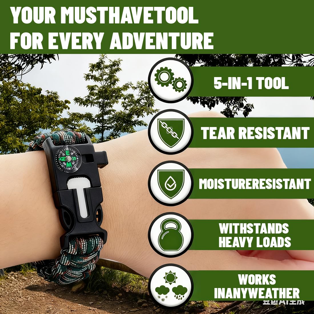 3pcs Pulsera de Supervivencia,Multifuncional Pulsera,Con Flint Brújula Silbato,Adecuado para Senderismo,Acampada,Montañismo y Actividades al Aire Libre