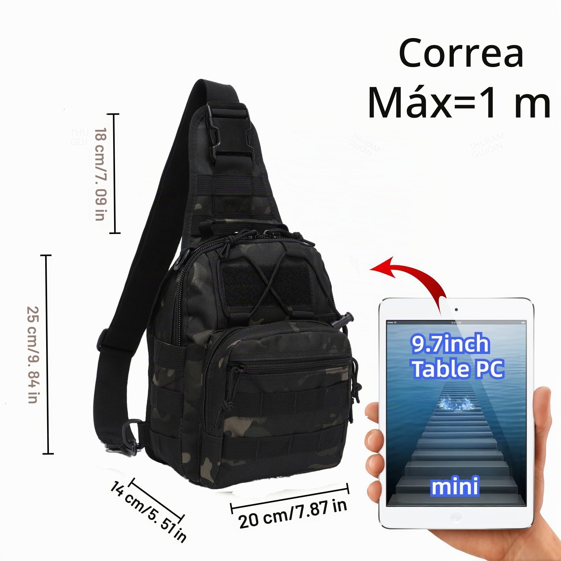 Mochila Táctica Bandolera Hombre, Bolso Militar Sling para Outdoor, Senderismo, Deporte y Uso Diario (Negro camuflaje)