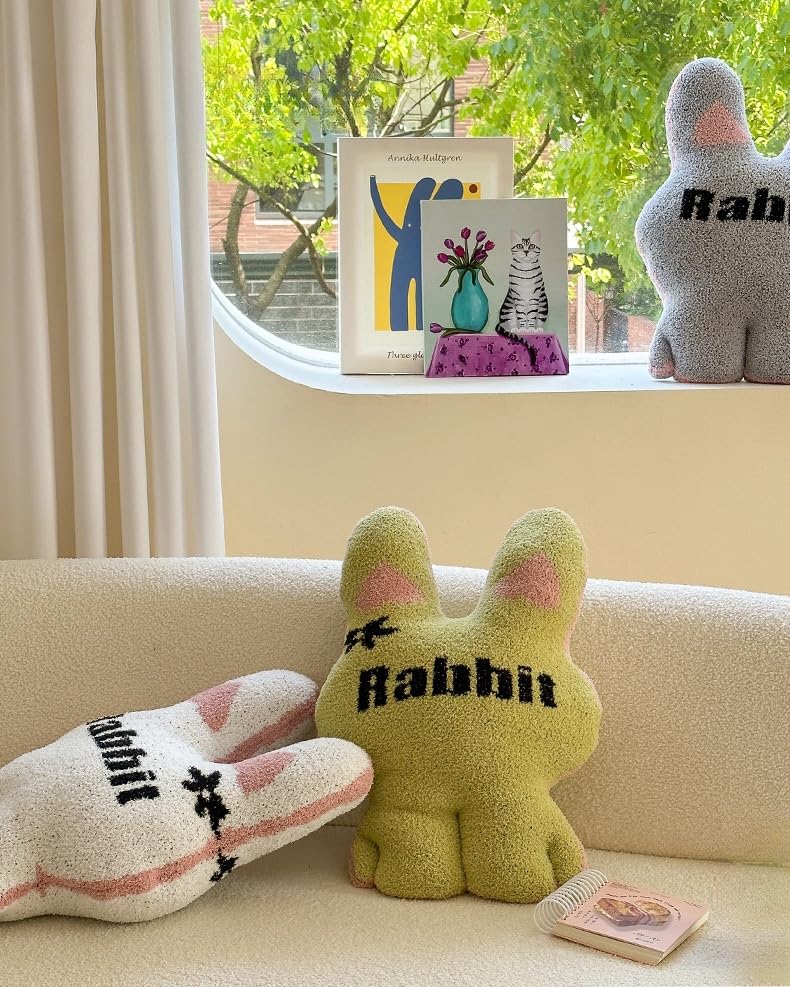 bLwhzfi Home Fuzzy Bunny Shaped Pillow Rabbit Letter Print Happy Easter Plush Soft Stuffed Throw Pillow for Autumn Winter Couch Sofa Bed Chair Decor (Light Gray)