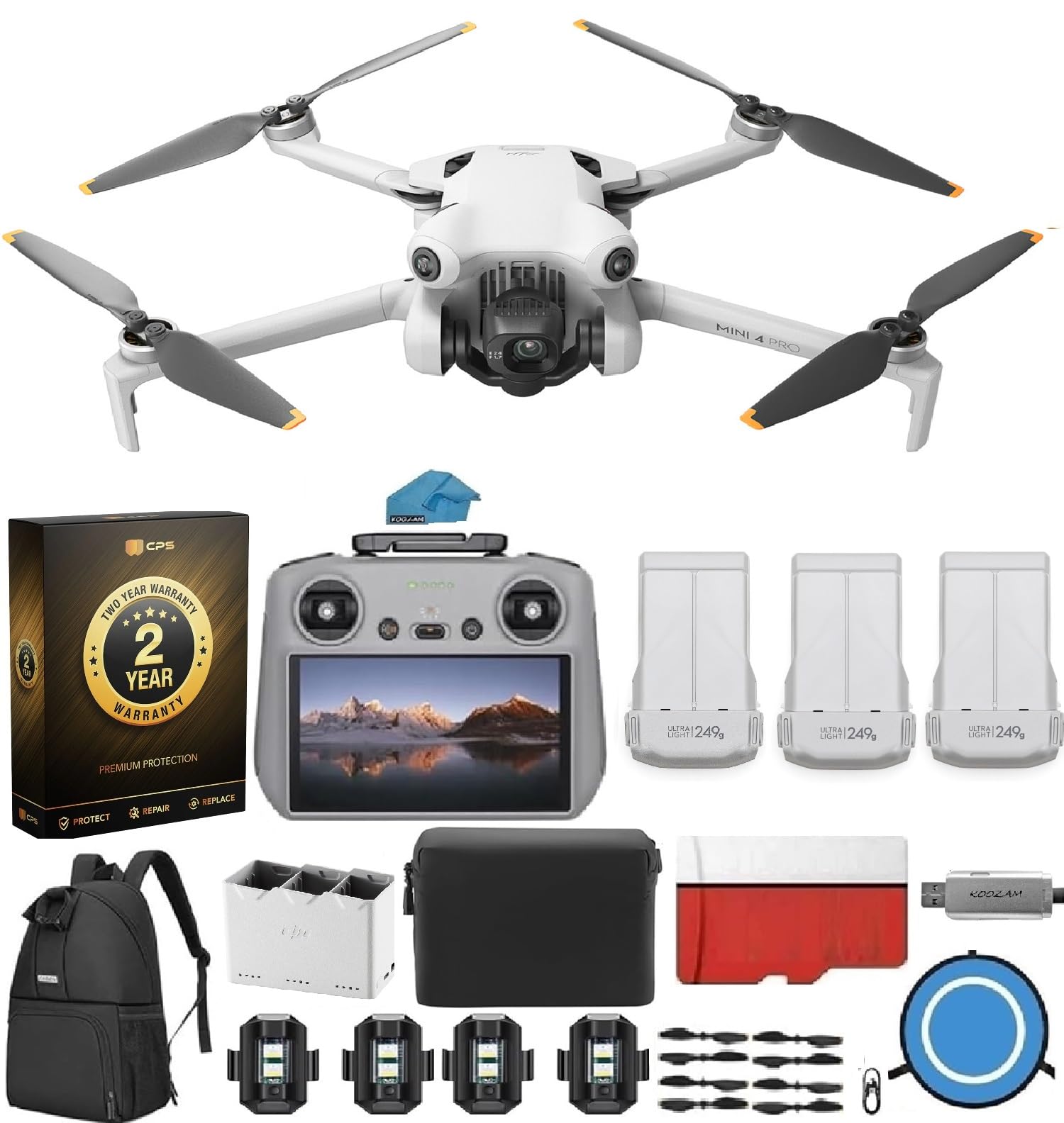 DJI Mini 4 Pro Folding Drone with RC 2 Remote (With Screen) Fly More Combo, 4K HDR Video Camera for Adults, Under 249g, Omnidirectional Sensing, 3 Batteries Bundle with 128 gb SD Card Strobe Lights and More with 2 Year extended Warranty