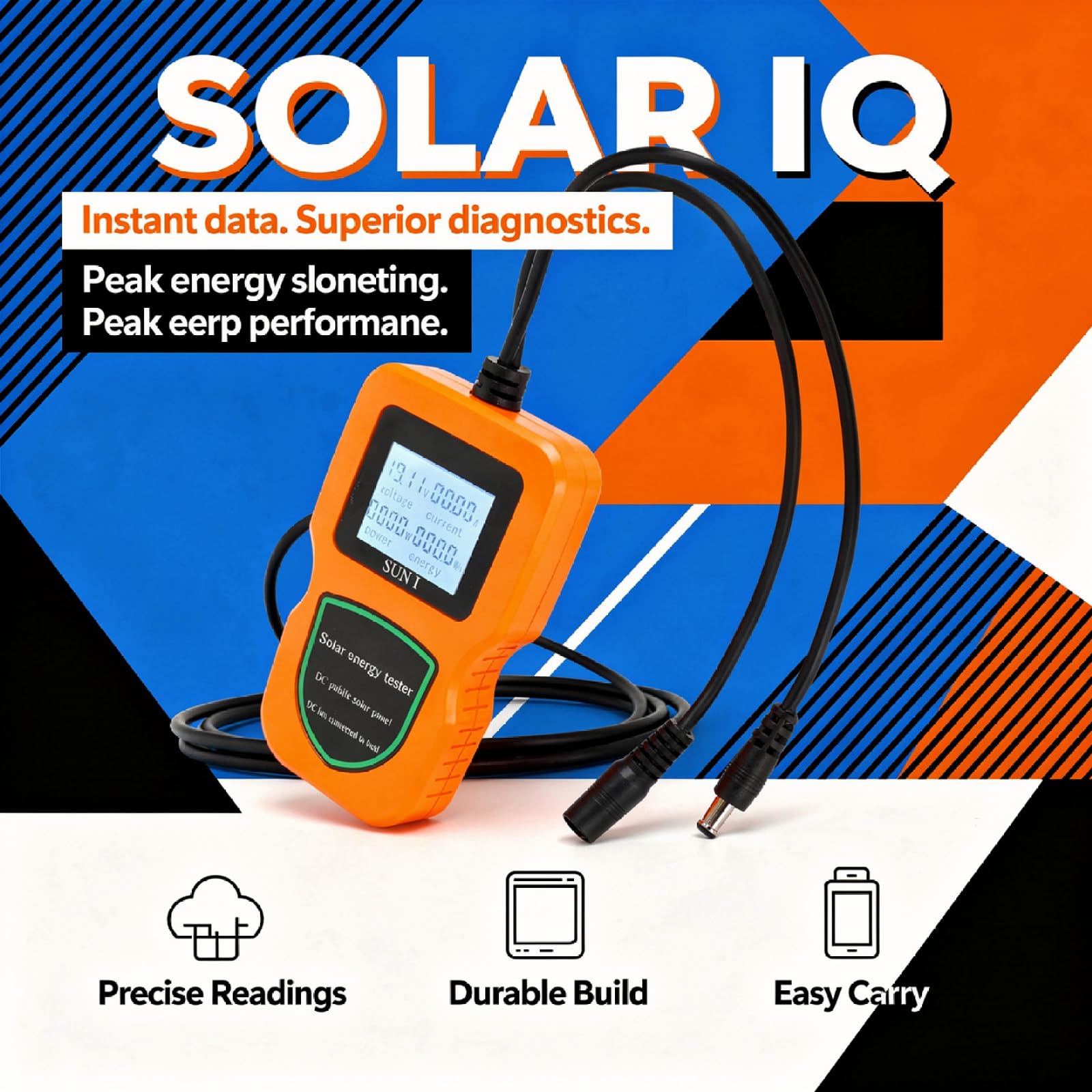 Tester per pannelli solari, 500 W, multimetro fotovoltaico LCD arancione, ampio raggio 5 W-500 W, display corrente di tensione, retroilluminazione, include clip di alimentazione, per analisi