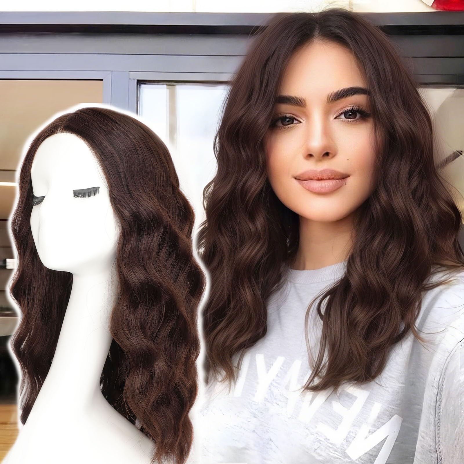 Photo 1 of AISI HAIR ?Beginner Friendly Wigs 18 inch Chestnut Brown Wig for Women Medium Length Wave Curly Glueless Synthetic Heat Resistant Hair Wigs for Daily Party Cosplay