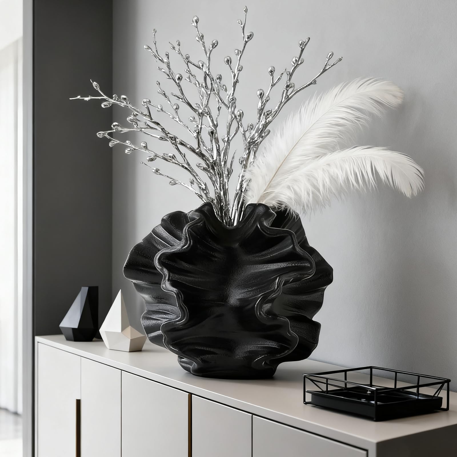 Keramische Vaas, SUKIYPO Zwart Moderne Vazen Voor Scandinavische Vazendecoratie, Esthetische Boho Bloemenvaas Voor Thuis, Woonkamer, Kantoor, Boerderij (Groot Zwart