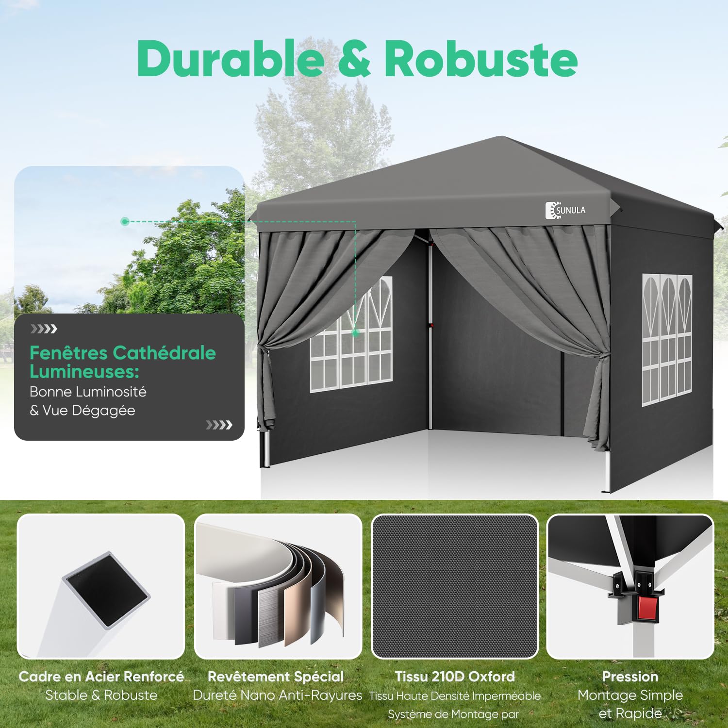 Sunula Tonnelle 3 x 3 m imperméable et stable avec 4 parois latérales, pliable, 3 x 3 m, avec tubes épaissis, tente de réception, tonnelle de jardin, tente pliable, pour camping, festival, fête (Gris)