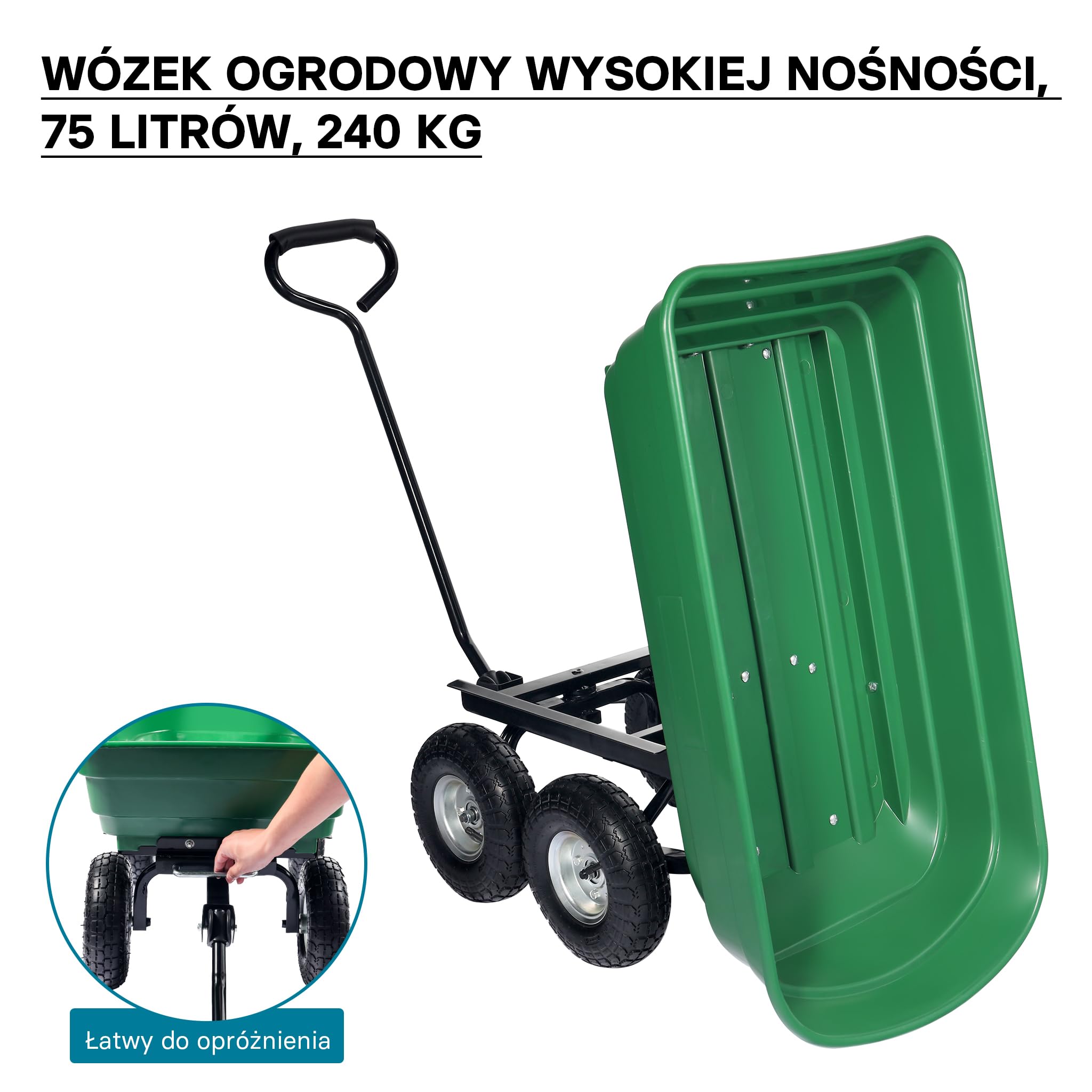 Wiltec Wózek ogrodowy z funkcją pochylenia do 240 kg nośności, wanna plastikowa o pojemności 75 l, wywrotka transportowa na 4 kołach