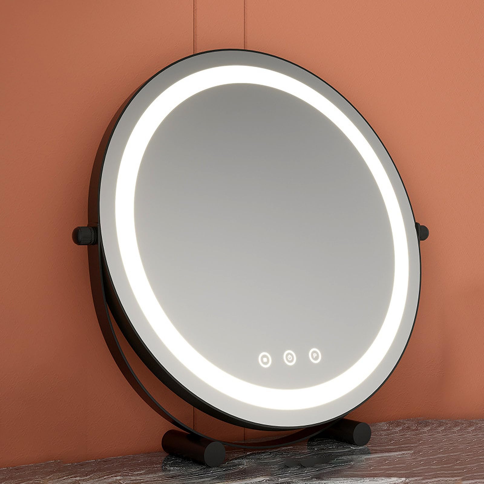 KDHKDFN Lighted vanity mirror,dressing table mirror with lights,round mirror with base with 3 LED Light Settings black 50cm